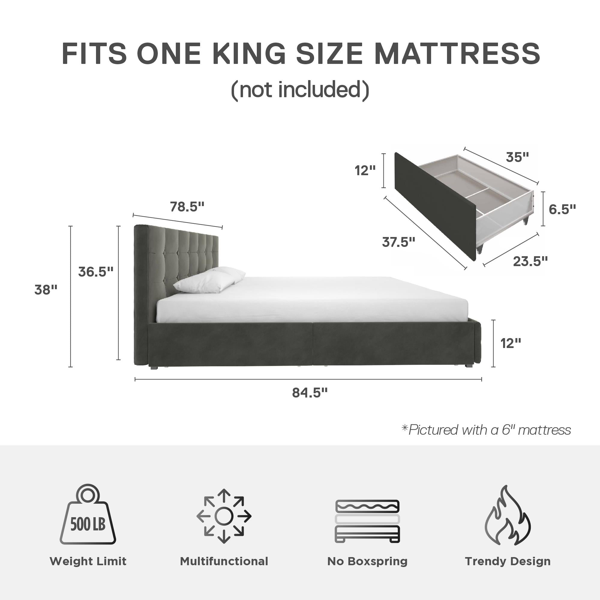 DHP Rose Upholstered Bed Frame with Storage - Grey Velvet - King