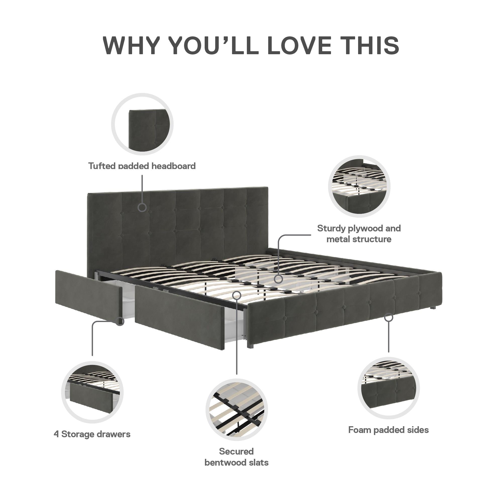 DHP Rose Upholstered Bed Frame with Storage - Grey Velvet - King