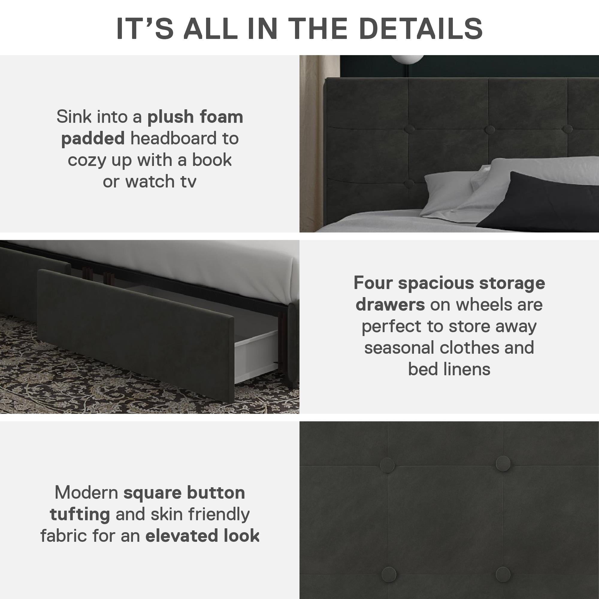 DHP Rose Upholstered Bed Frame with Storage - Grey Velvet - King