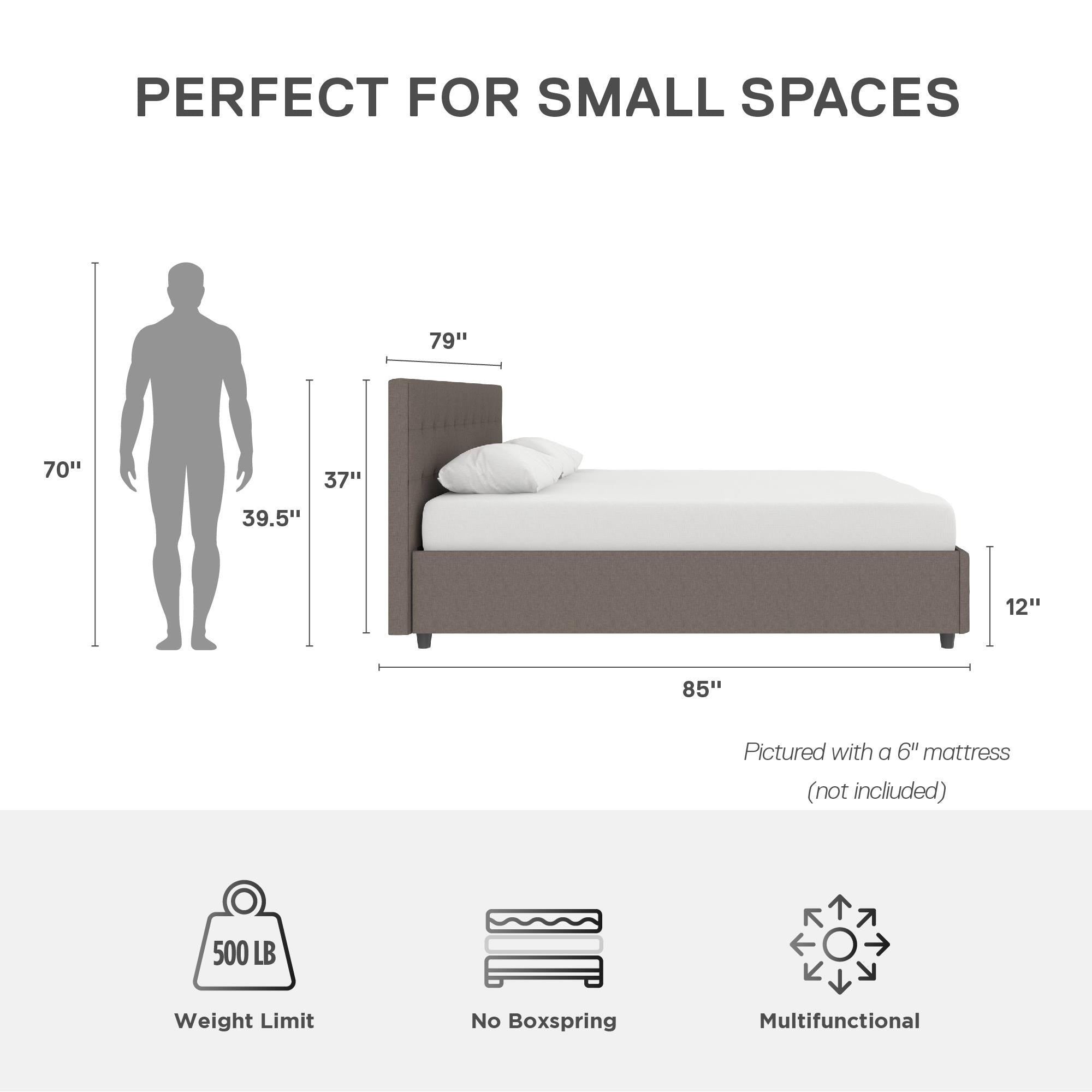 DHP Cambridge Upholstered Bed with Storage - Grey Linen - King