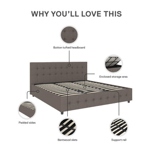 DHP Cambridge Upholstered Bed with Storage - Grey Linen - King
