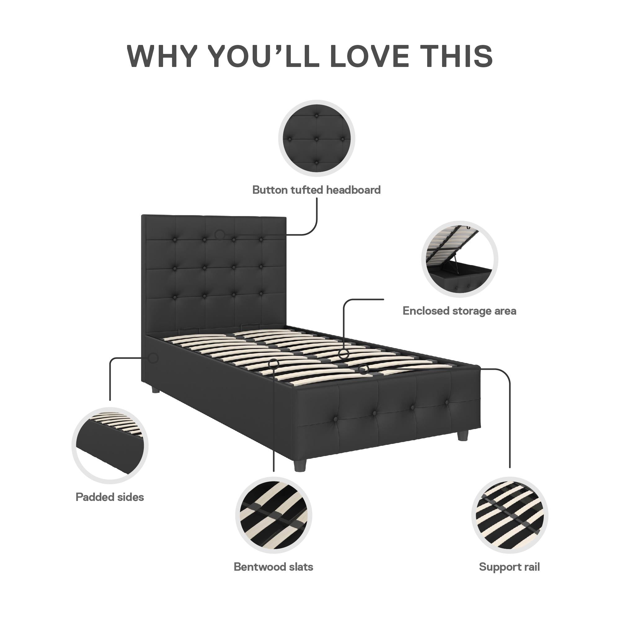 DHP Cambridge Upholstered Bed with Storage - Black - Twin