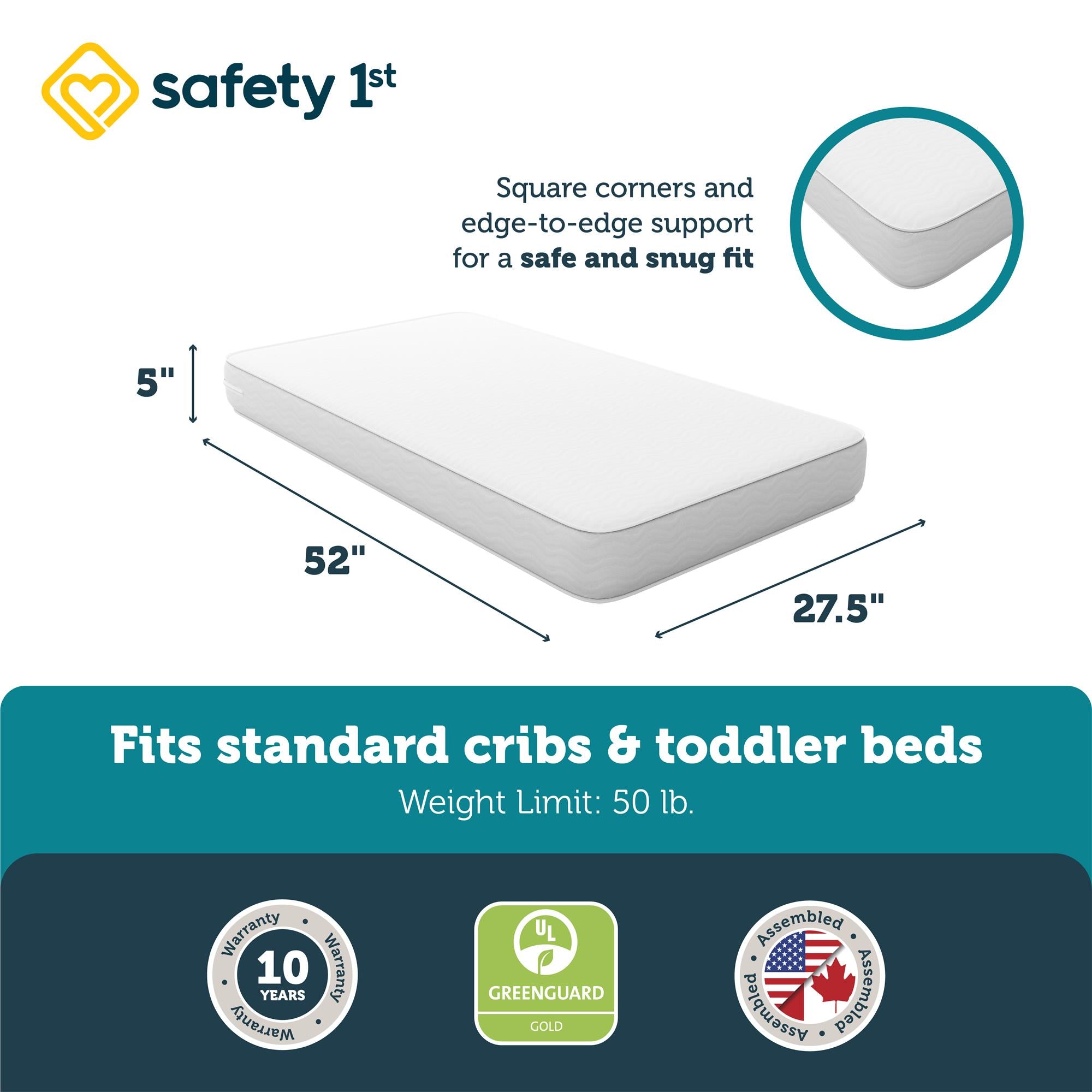 Safety 1st Pleasant Dreams Crib and Toddler Bed Mattress - White - Crib & Toddler Mattress