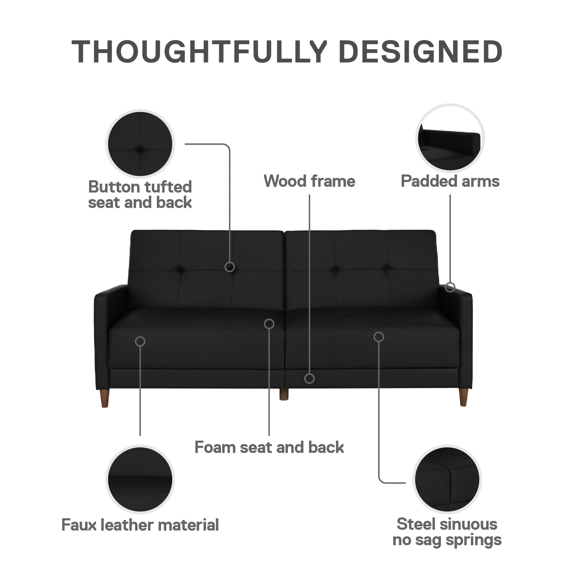 DHP Andora Futon Sofa Bed - Black Faux Leather