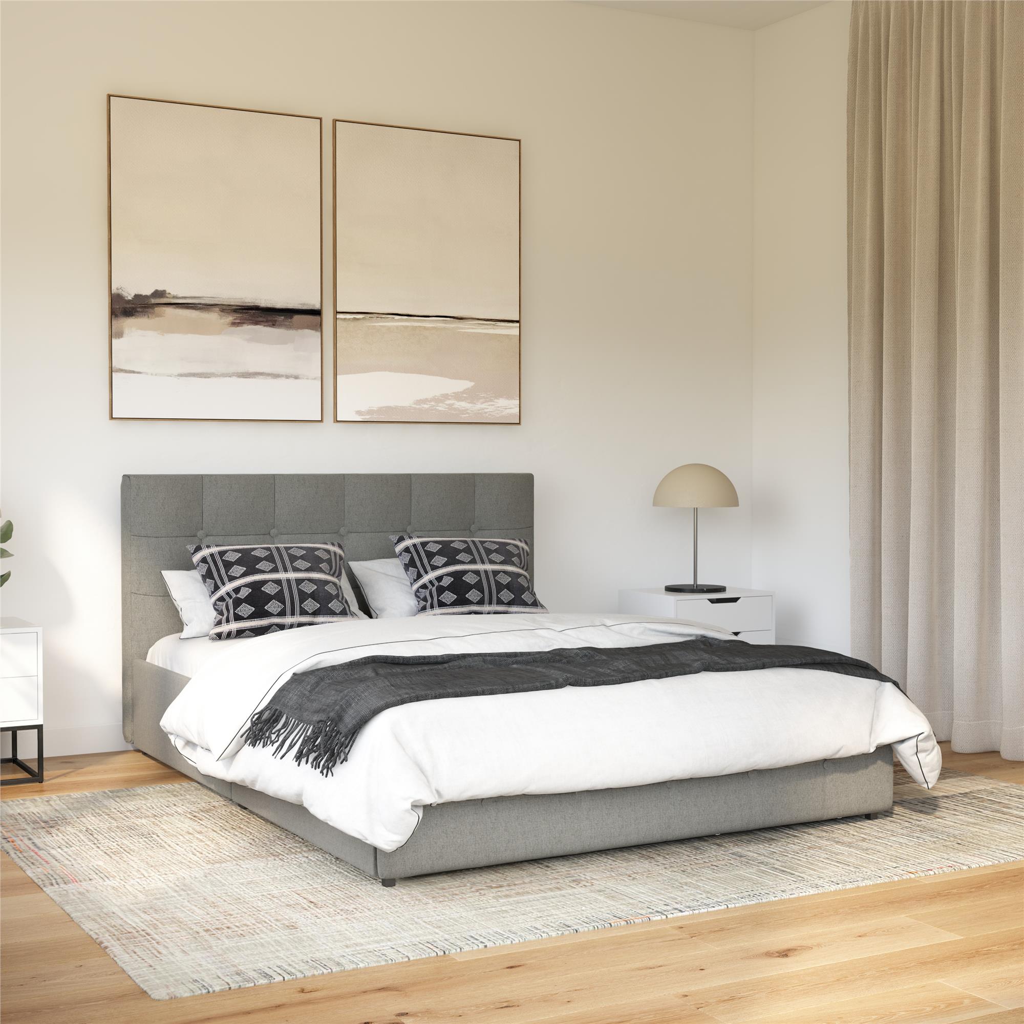 DHP Rose Upholstered Bed Frame with Storage - Grey Linen - Queen