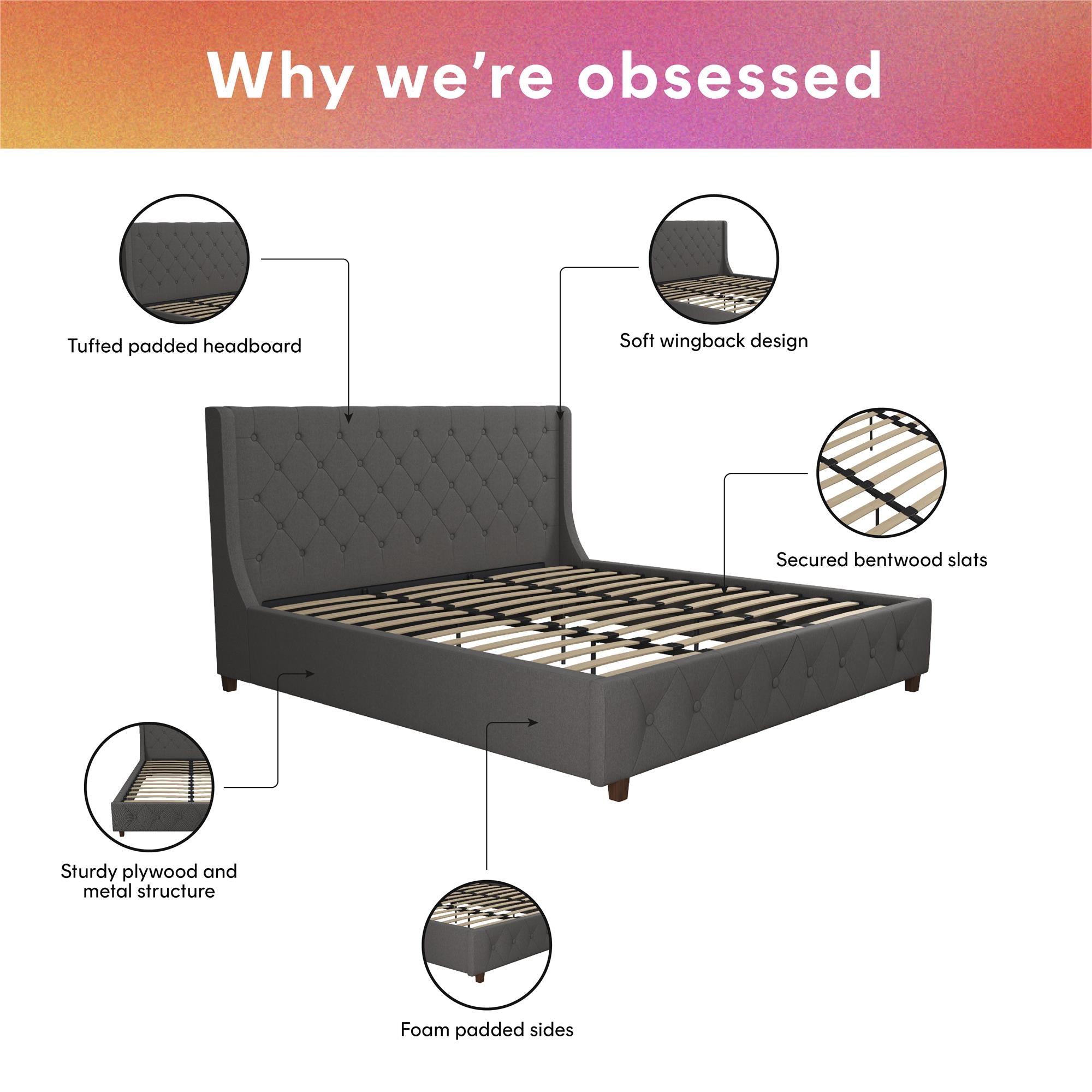 CosmoLiving Mercer Upholstered Bed - Grey Linen - King
