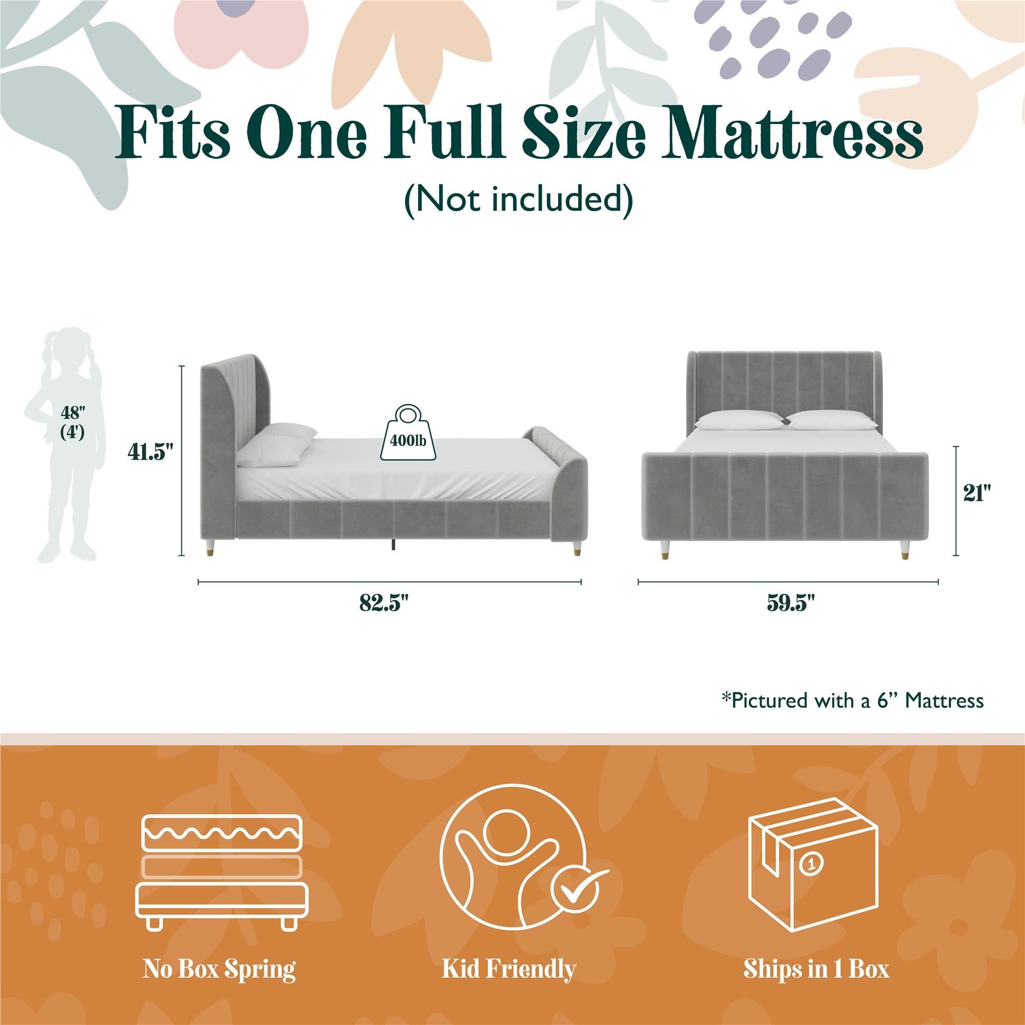 Max & Finn Valentina Upholstered Bed - Gray - Full