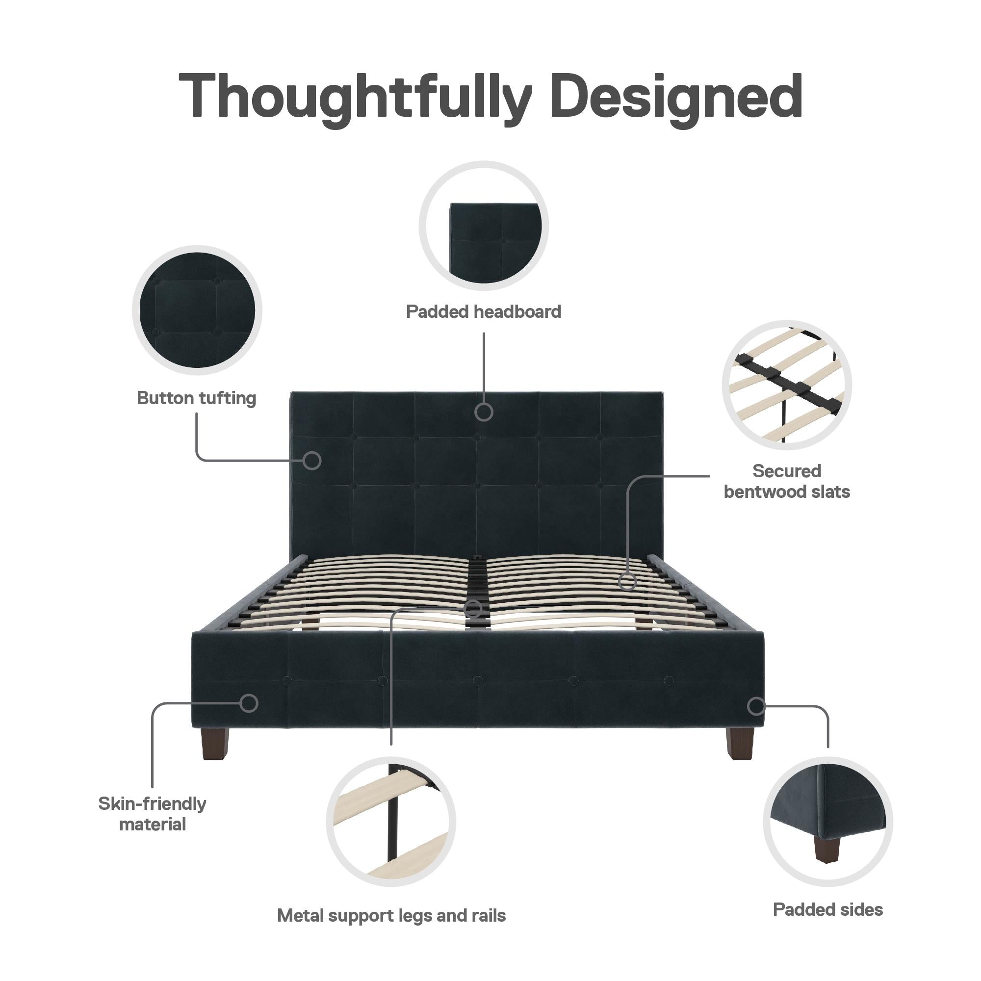 DHP Rose Upholstered Bed Frame - Blue Velvet - Queen