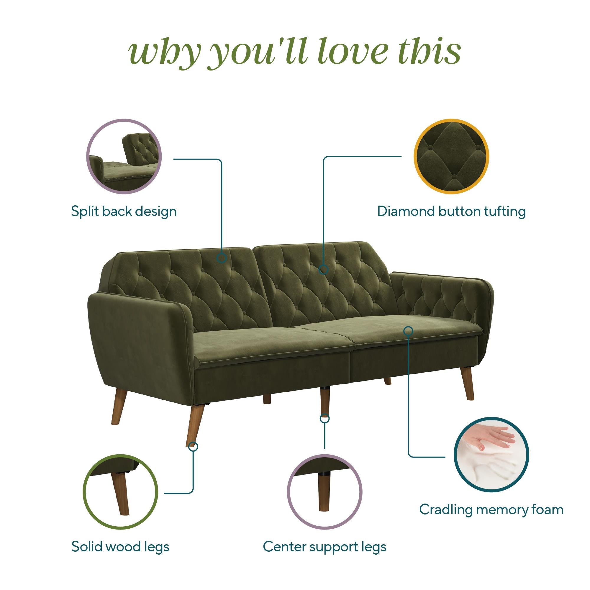 Novogratz Tallulah Memory Foam Futon Sofa Bed - Green