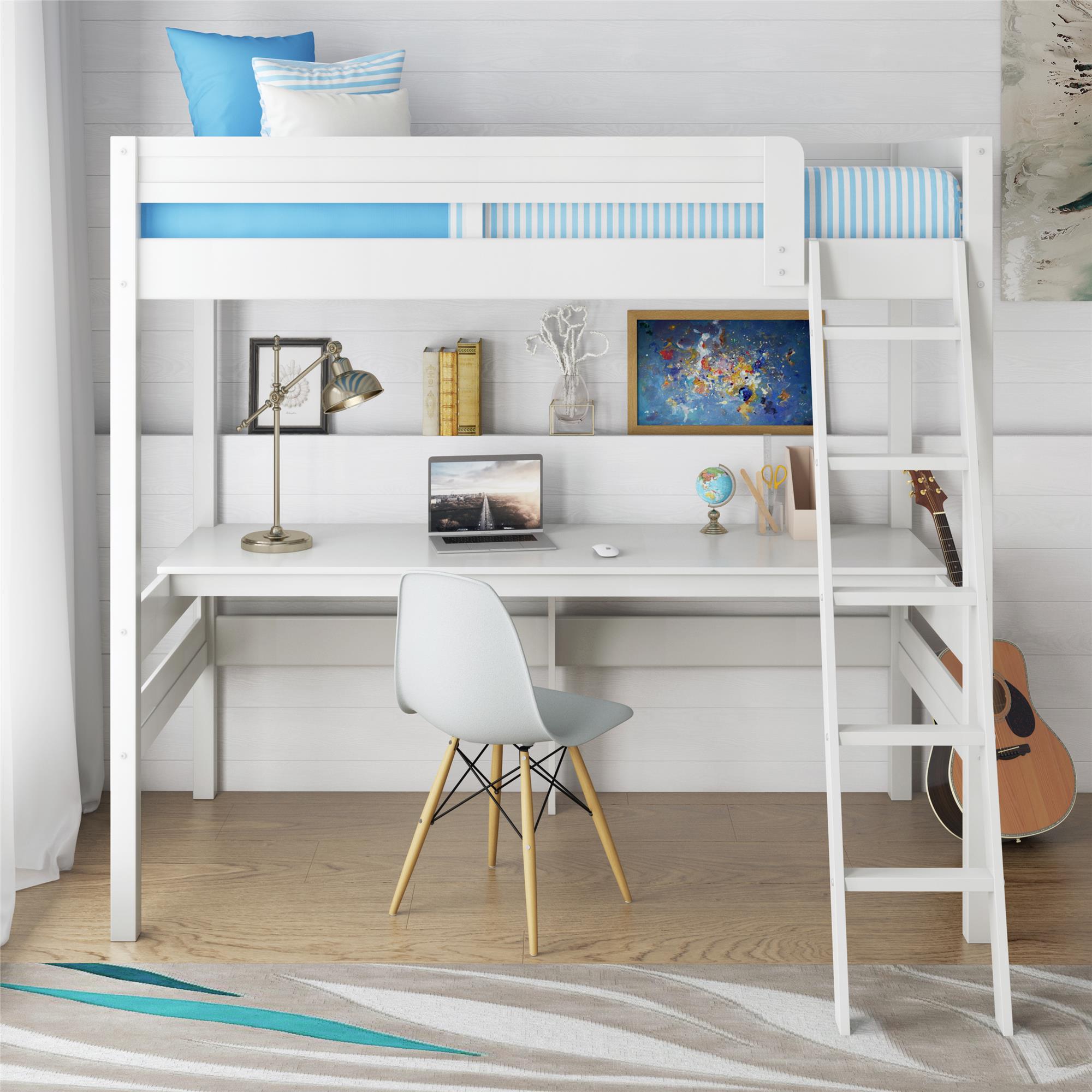 DHP Harlan Kids' Wood Loft Bed with desk - White