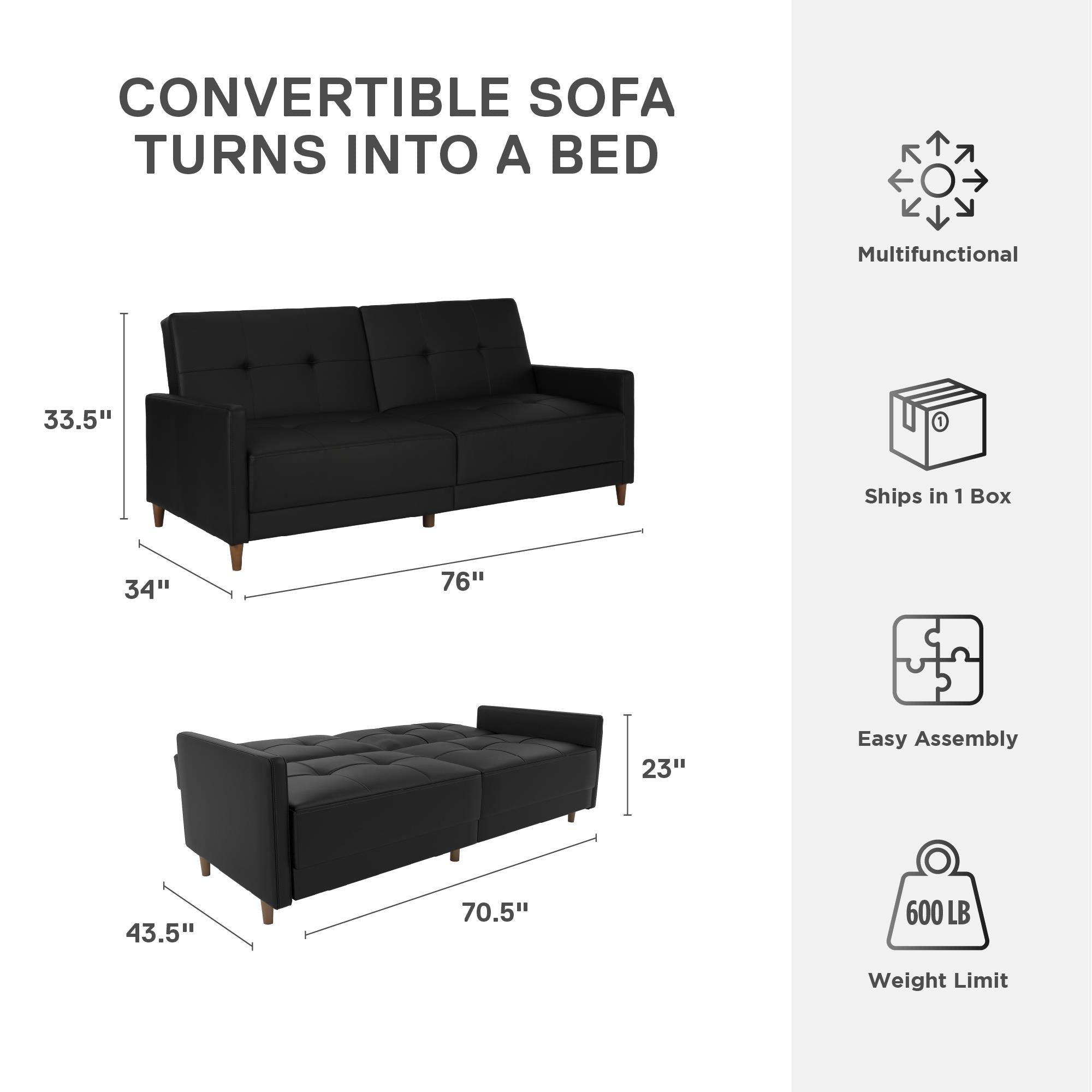 DHP Andora Futon Sofa Bed - Black Faux Leather