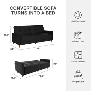 DHP Andora Futon Sofa Bed - Black Faux Leather
