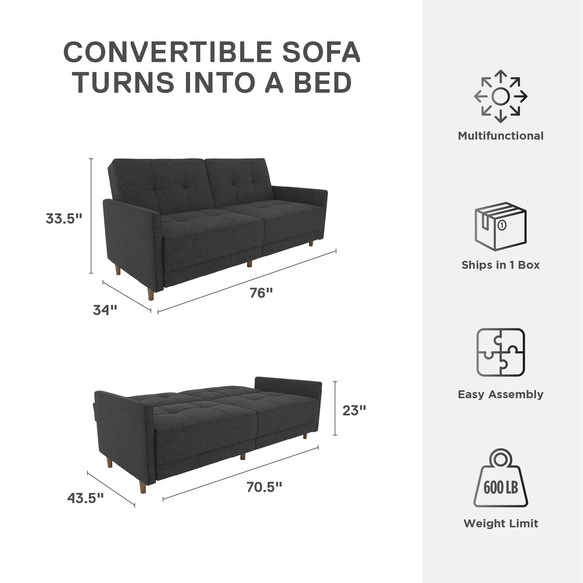 DHP Andora Futon Sofa Bed - Dark Gray
