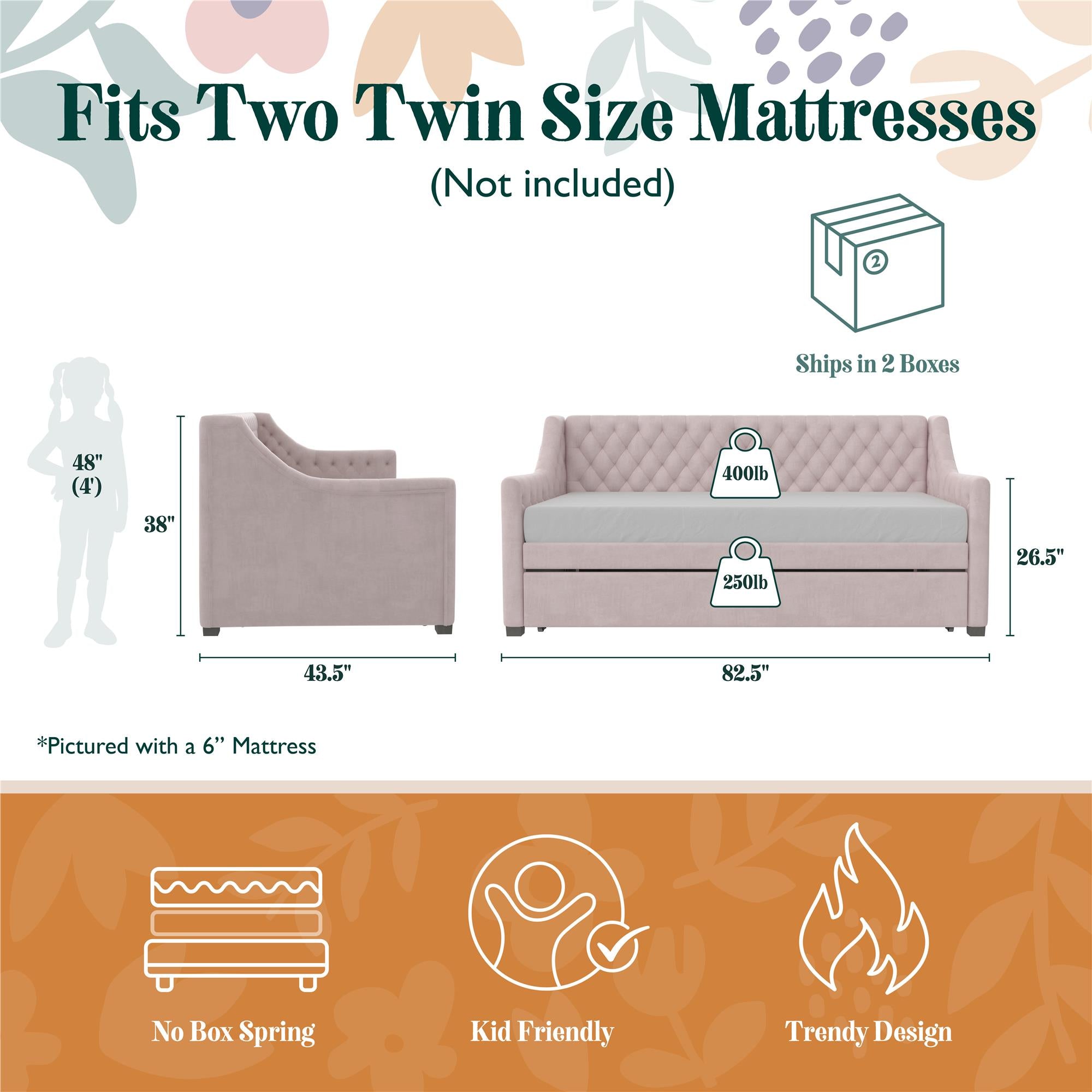 Max & Finn Ambrosia Upholstered Daybed and Trundle - Pale Pink - Twin