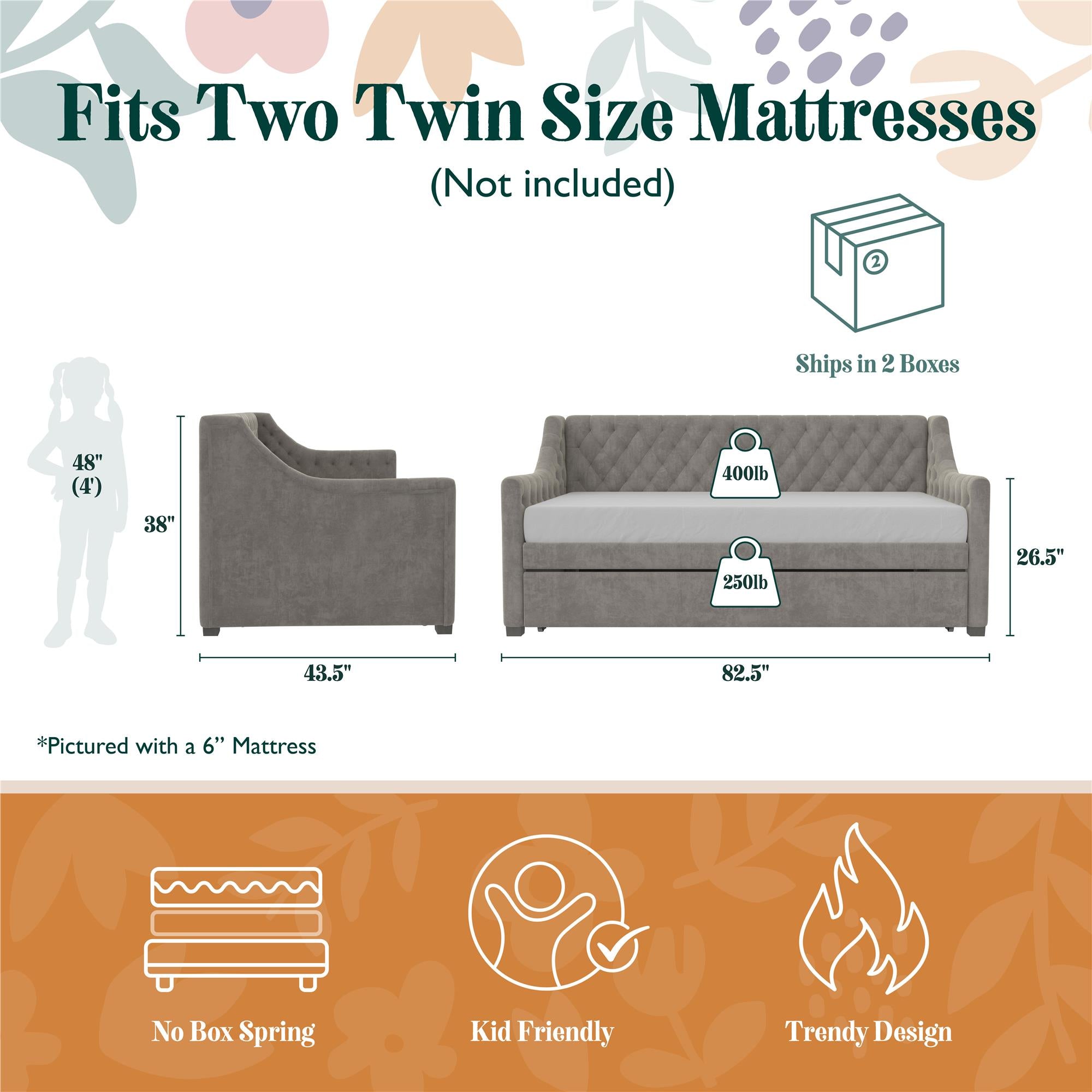 Max & Finn Ambrosia Upholstered Daybed and Trundle - Light Gray - Twin