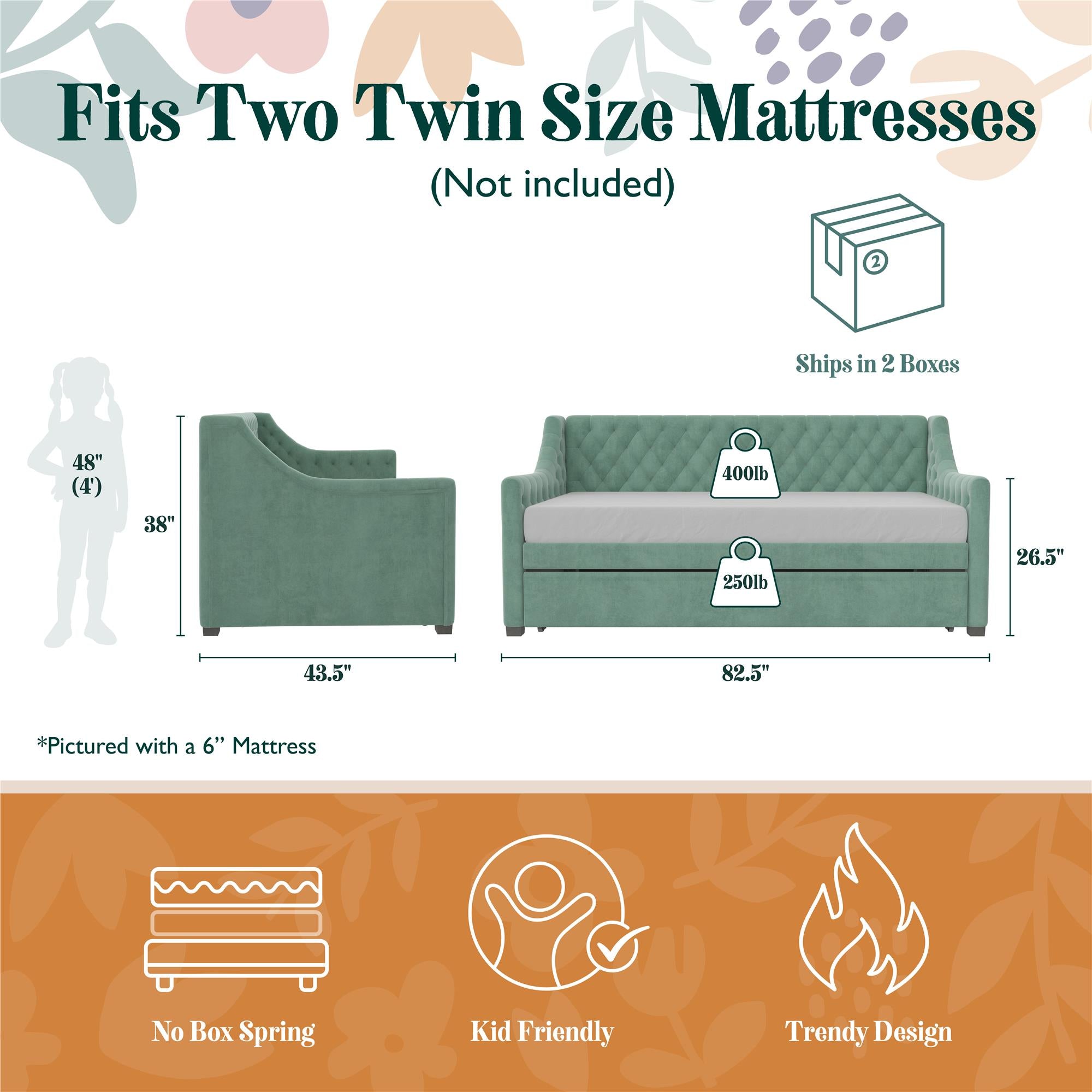 Max & Finn Ambrosia Upholstered Daybed and Trundle - Teal - Twin