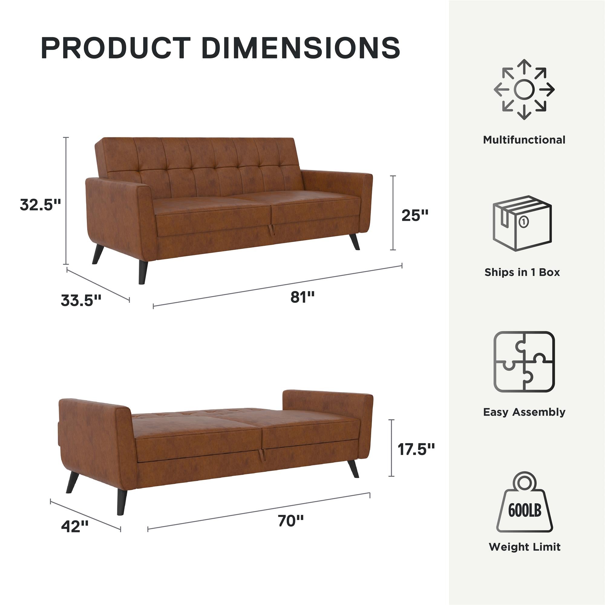 DHP Parker Futon Sofa Bed with Storage - Camel Faux Leather