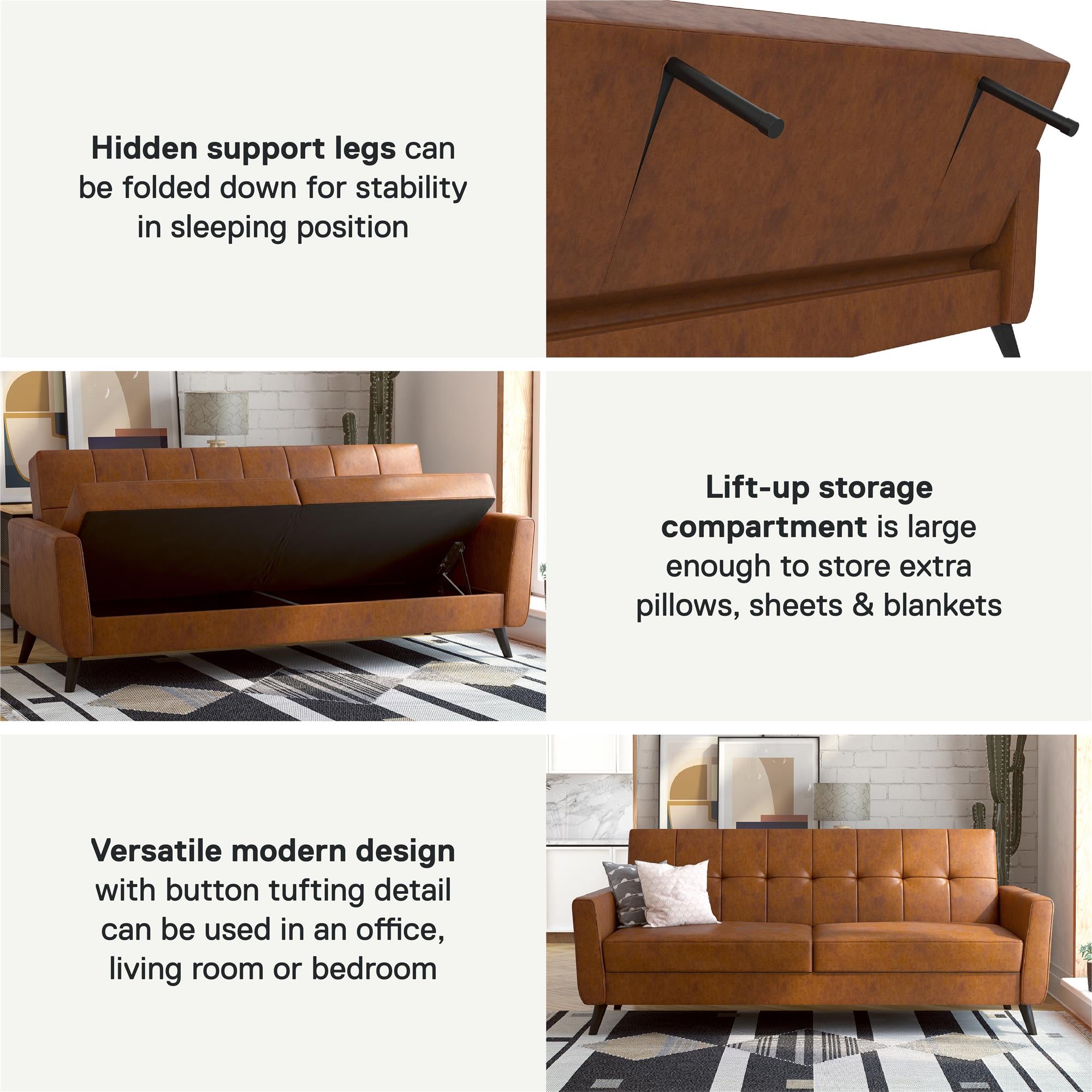 DHP Parker Futon Sofa Bed with Storage - Camel Faux Leather
