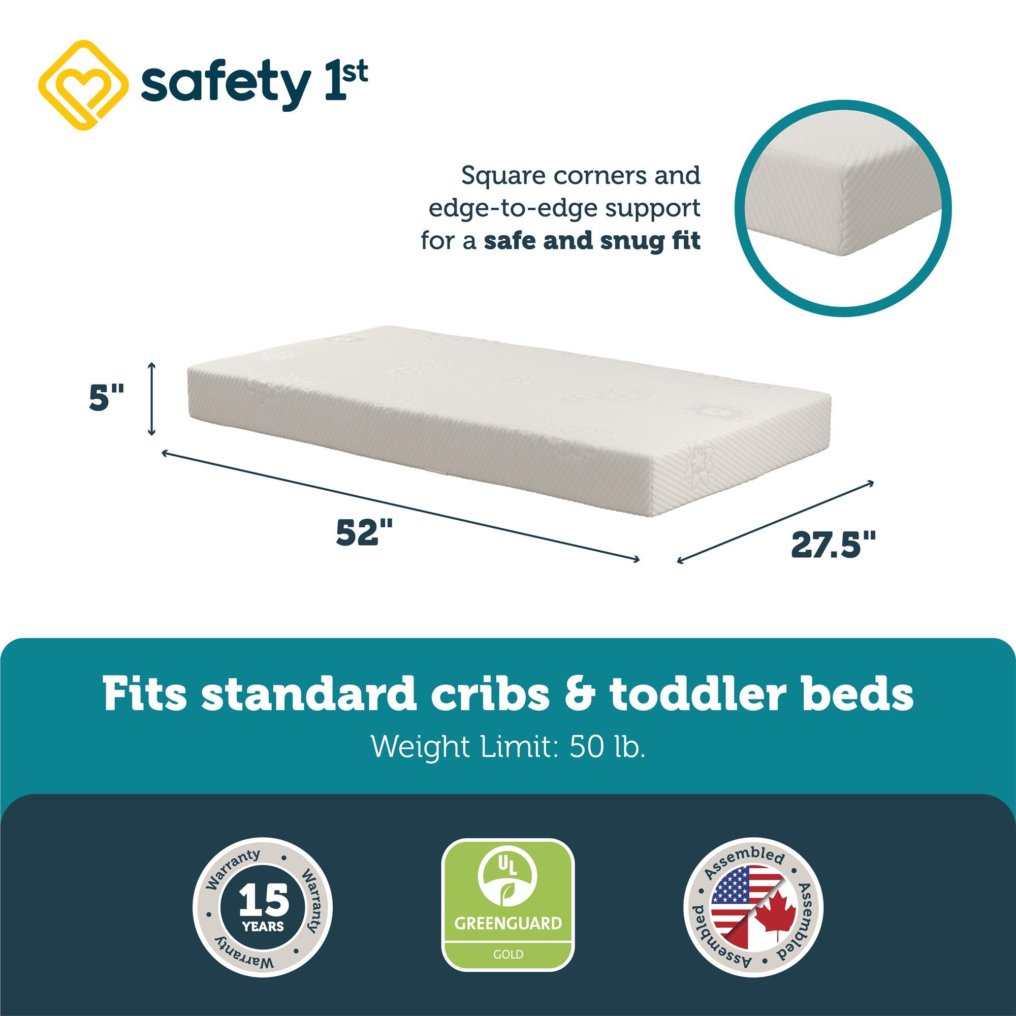Safety 1st Peaceful Lullabies 5'' Crib and Toddler Bed Mattress, White - White - Crib & Toddler Mattress