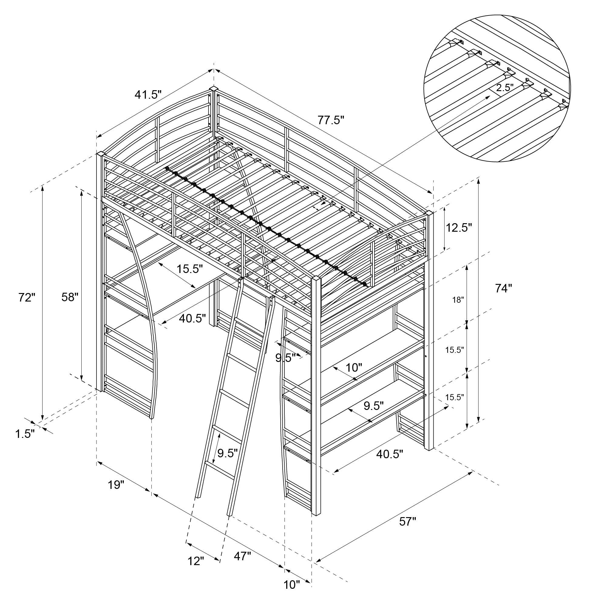 DHP Sage Studio Loft Bed with Desk and Shelves - Silver - Twin