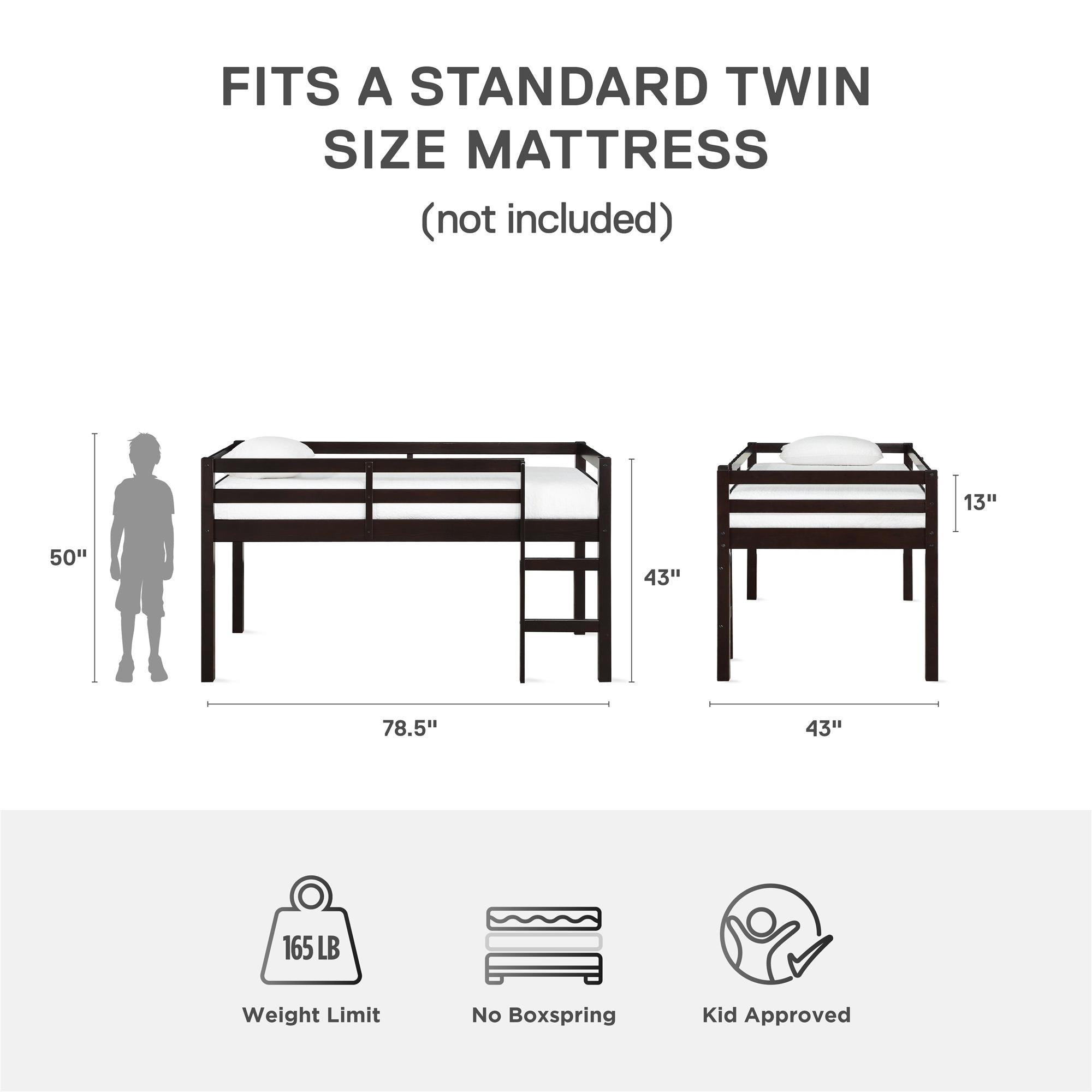 DHP Milton Kids' Low Wood Loft Bed - Espresso