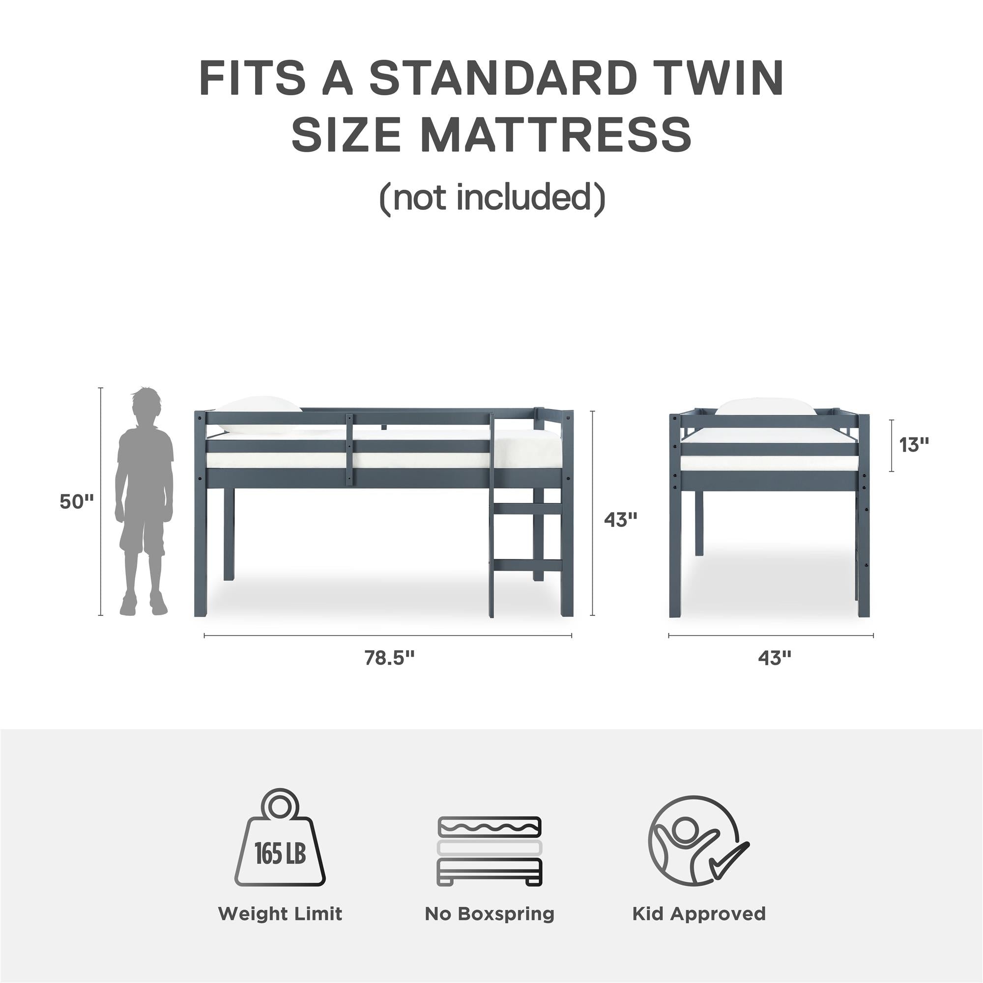 DHP Milton Kids' Low Wood Loft Bed - Gray