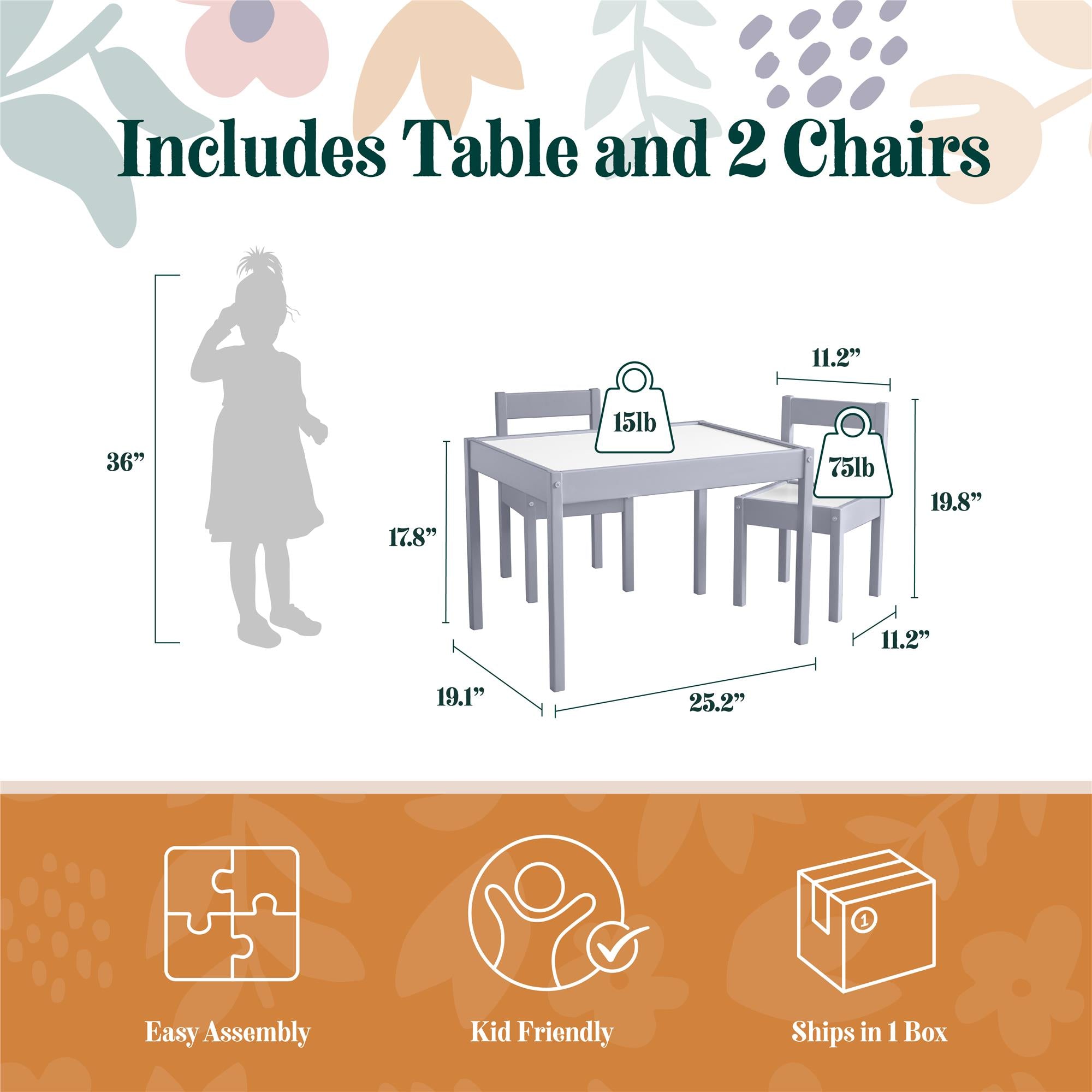 Max & Finn Hunter 3-Piece Kiddy Table & Chair Kids Set - Gray