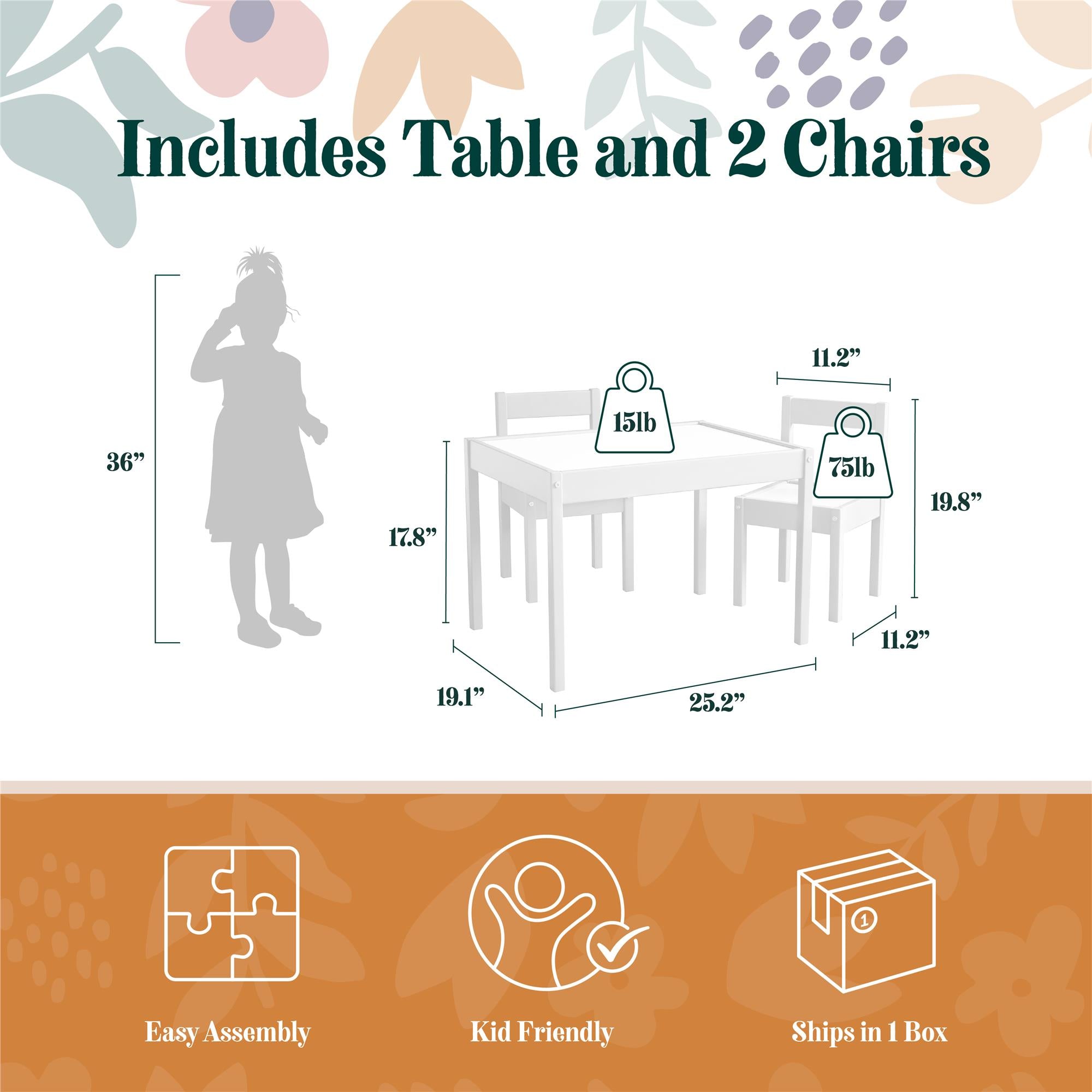 Max & Finn Hunter 3-Piece Kiddy Table & Chair Kids Set - White