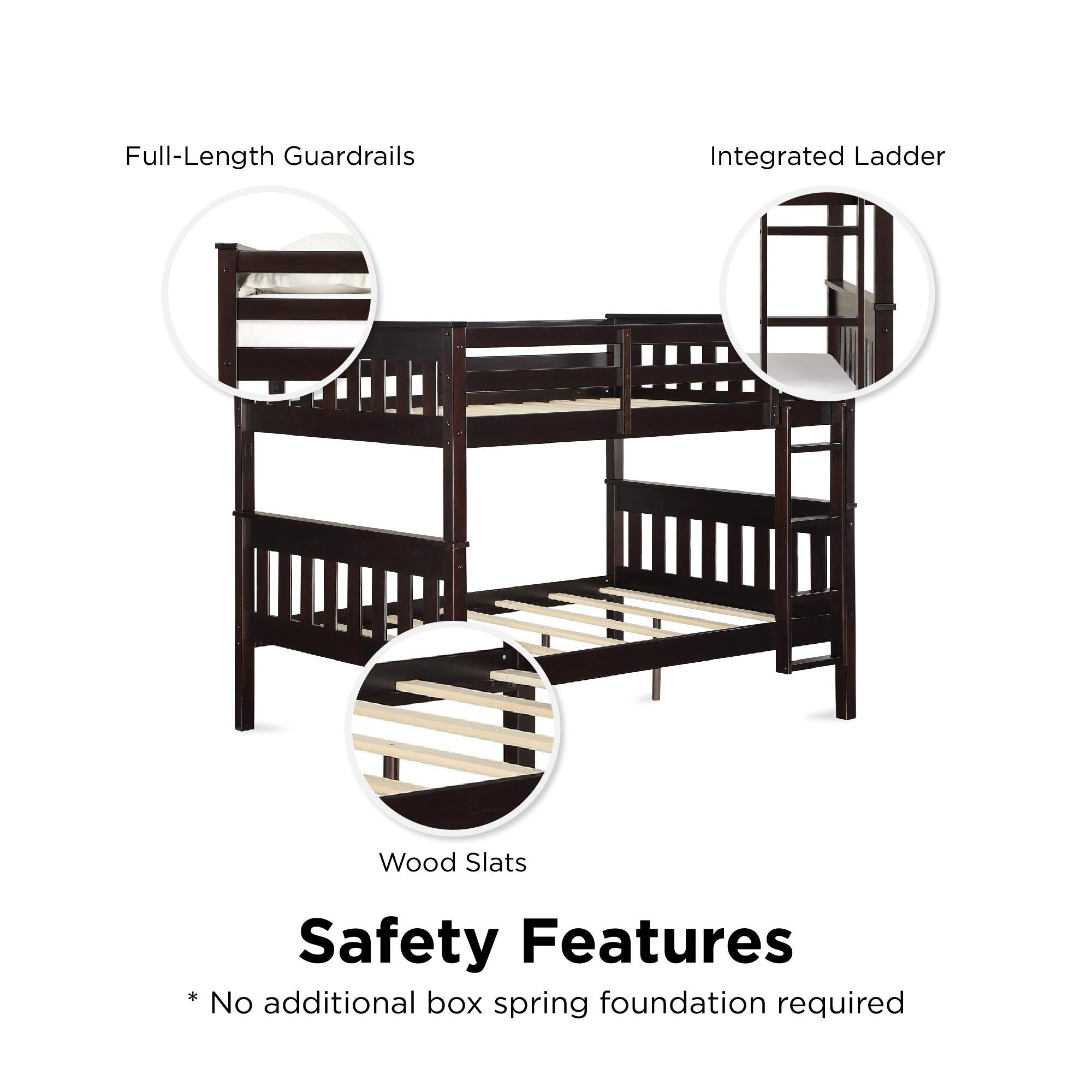DHP Moon Kids' Wood Bunk Bed with USB - Espresso