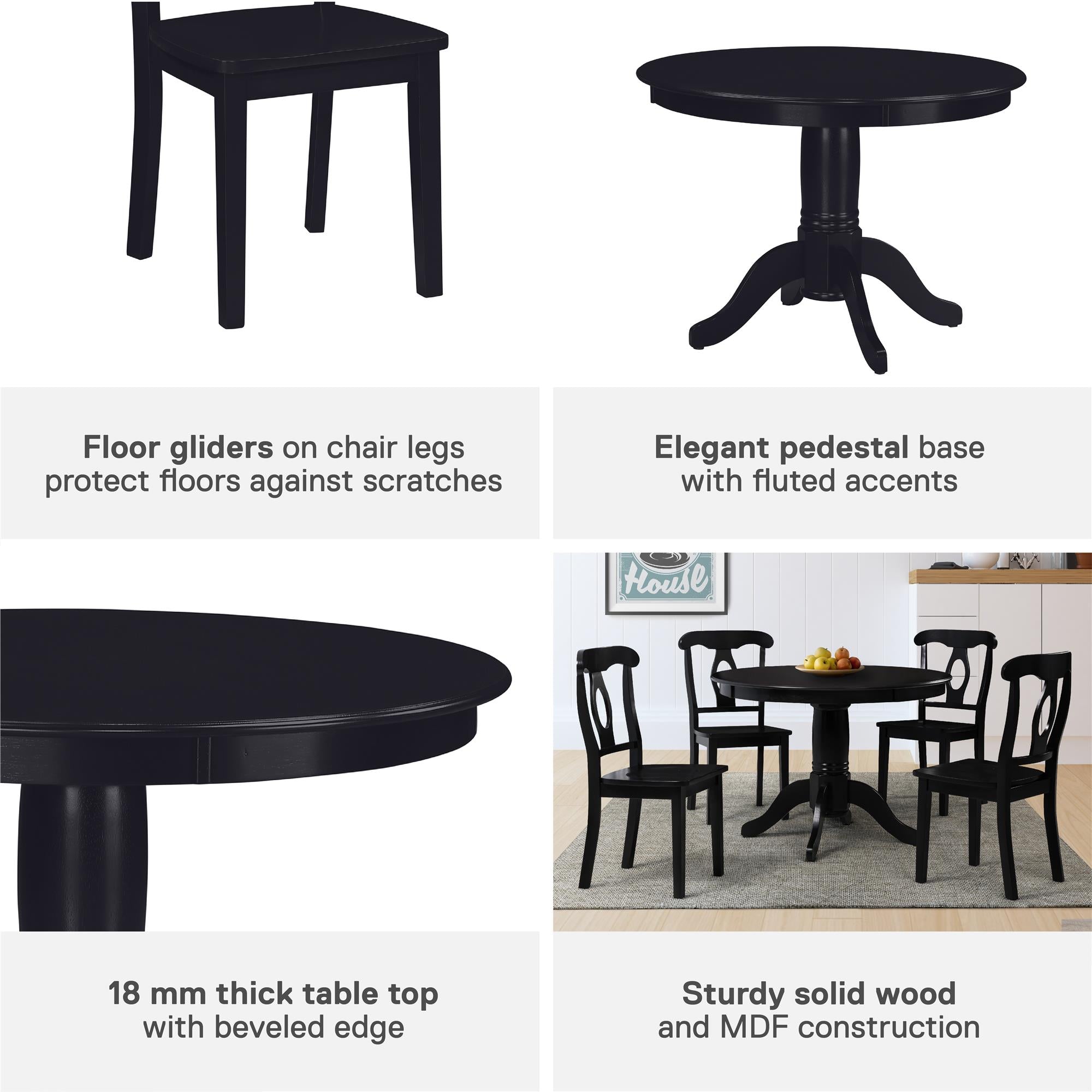 DHP Aubrey 5-Piece Traditional Pedestal Dining Set - Black