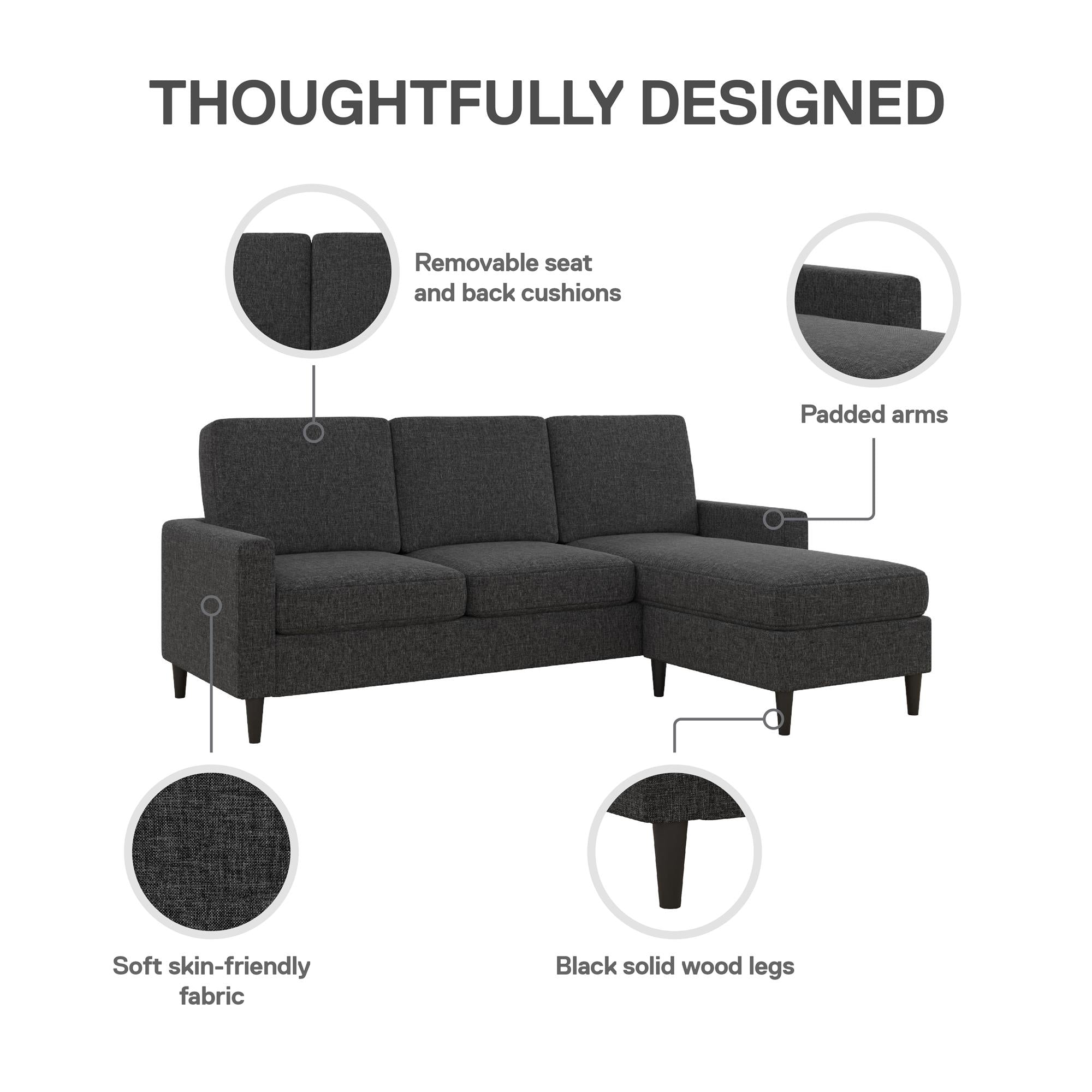 DHP Kaci Sectional Sofa - Charcoal