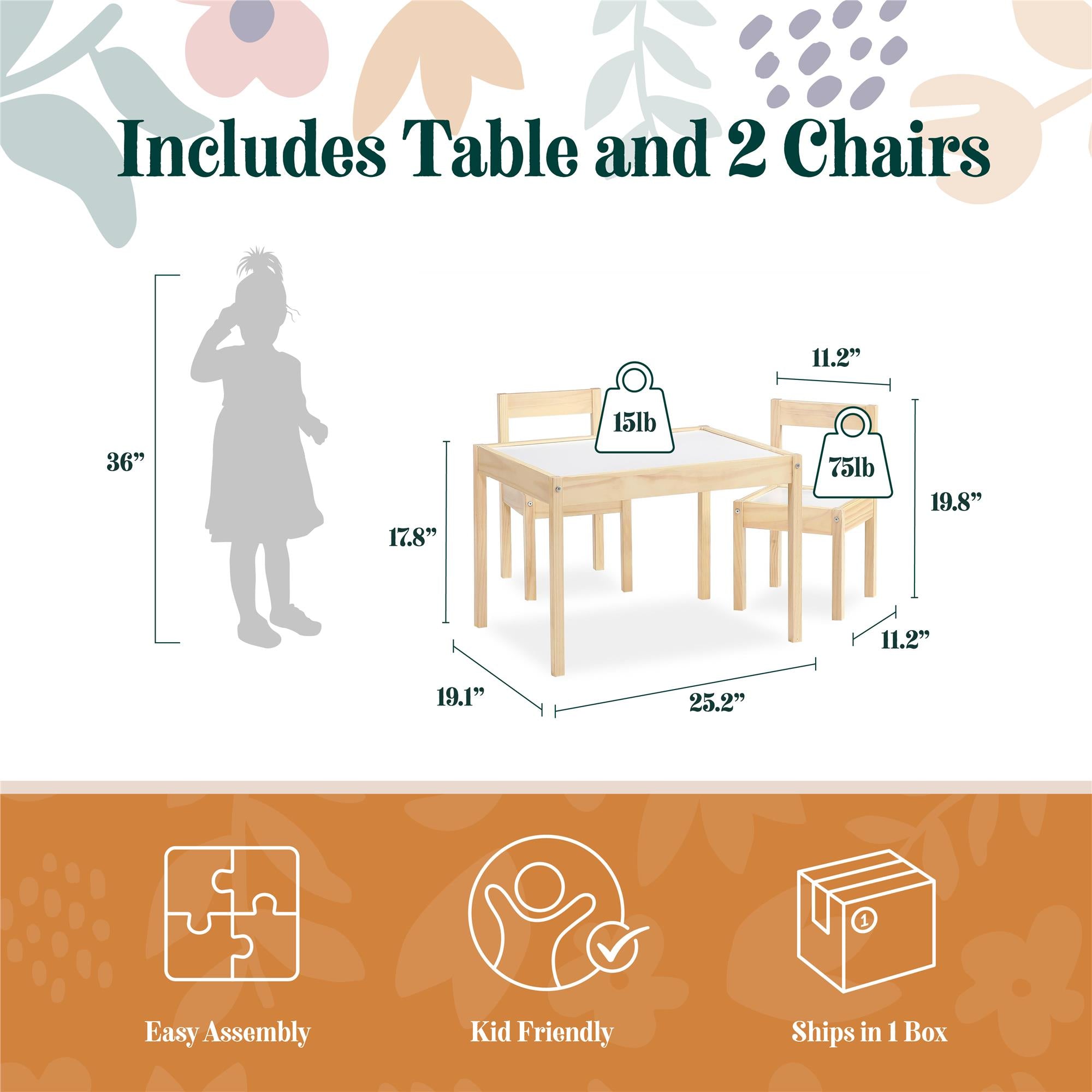Max & Finn Hunter 3-Piece Kiddy Table & Chair Kids Set - Natural