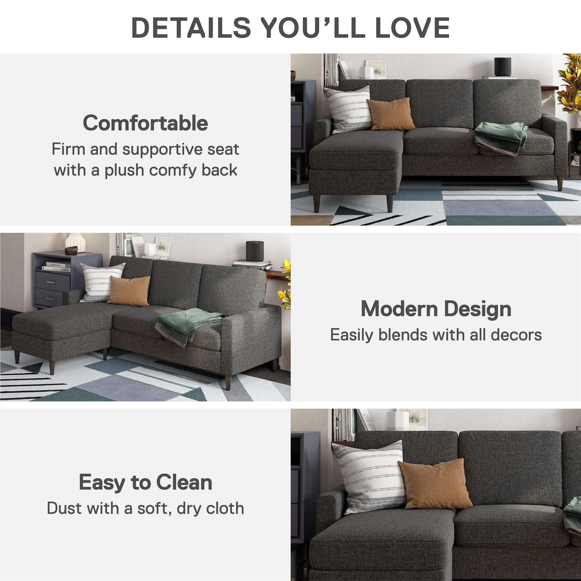 DHP Kaci Sectional Sofa - Charcoal
