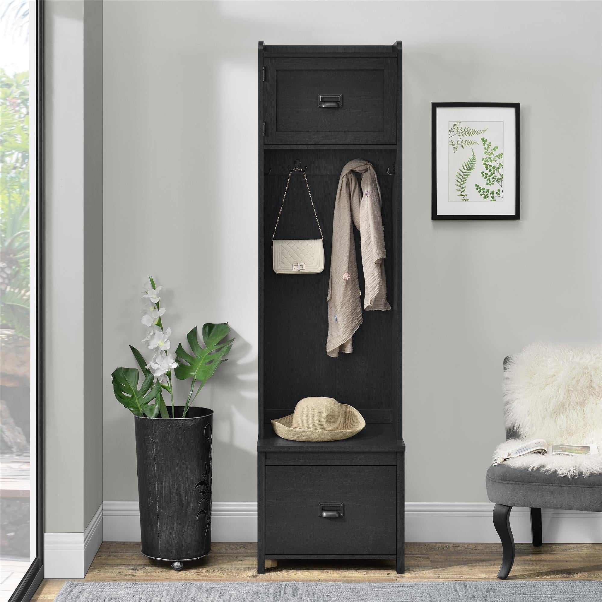Systembuild Evolution Farmington Entryway Hall Tree with Storage Bench - Black Oak