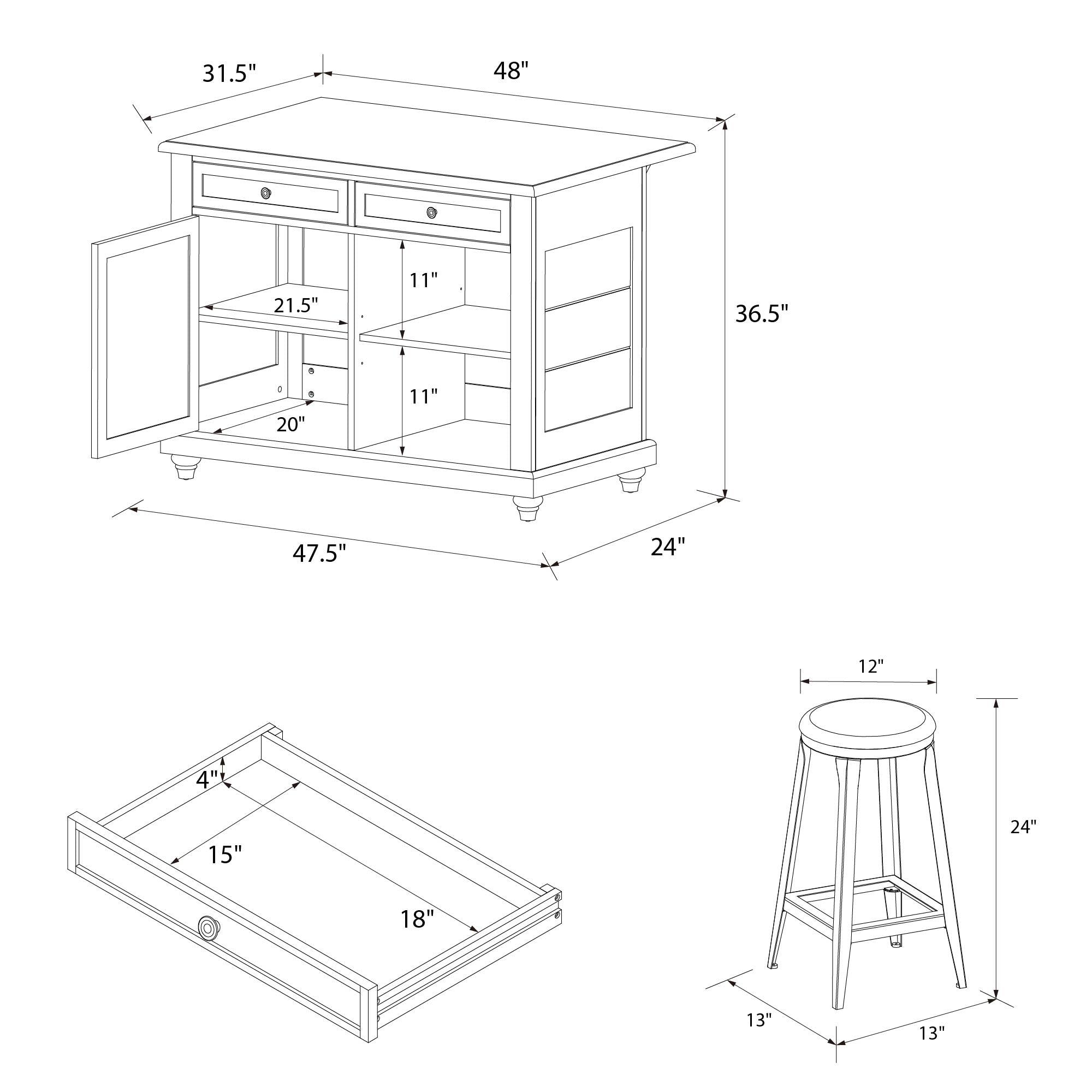 DHP Kelsey Kitchen Island with 2 Stools - White