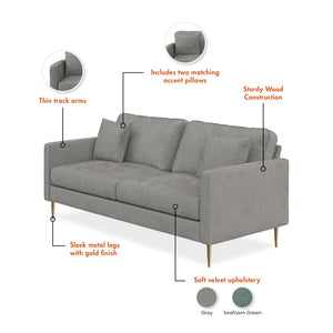 CosmoLiving Highland 72" Velvet Sofa with Matching Pillows - Gray