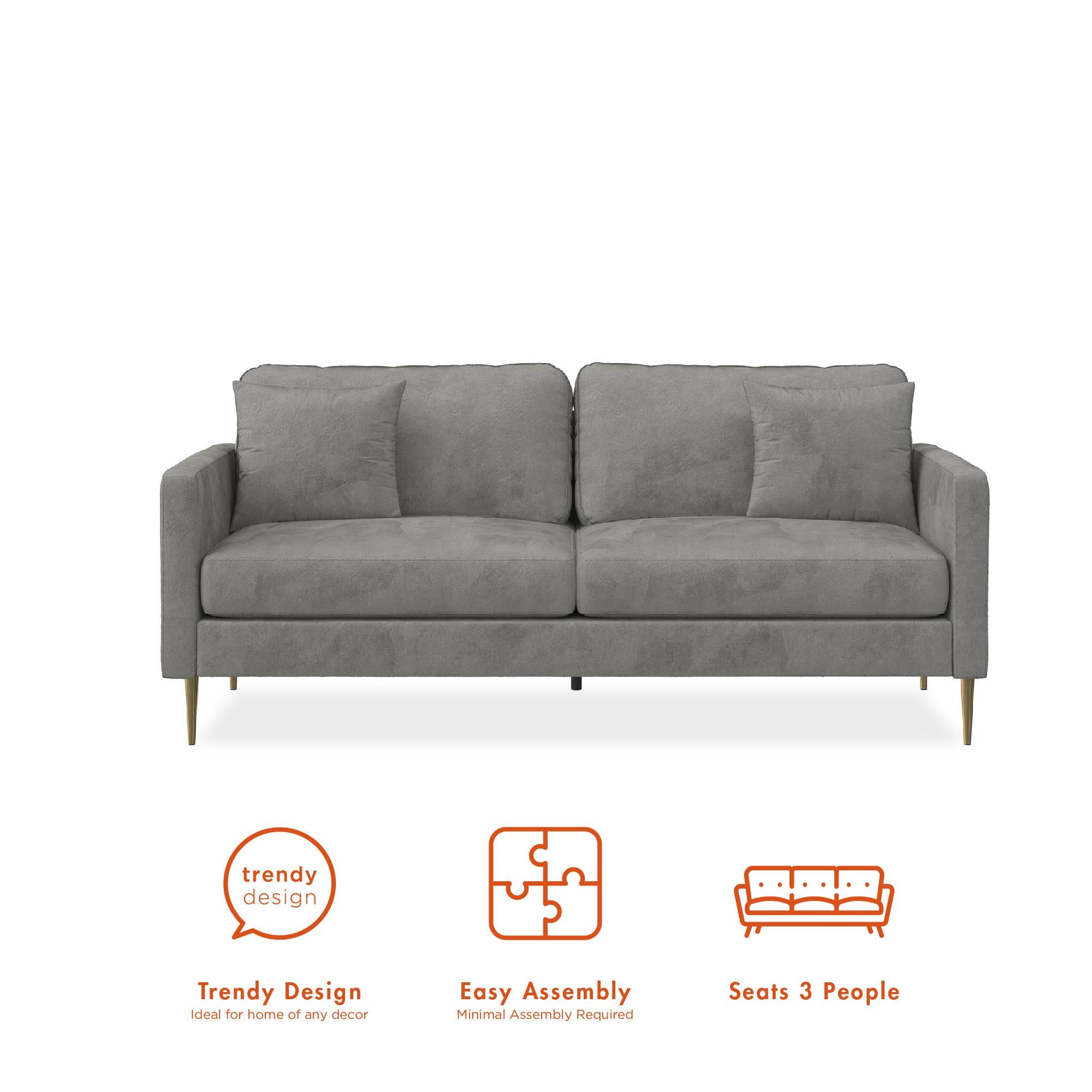 CosmoLiving Highland 72" Velvet Sofa with Matching Pillows - Gray