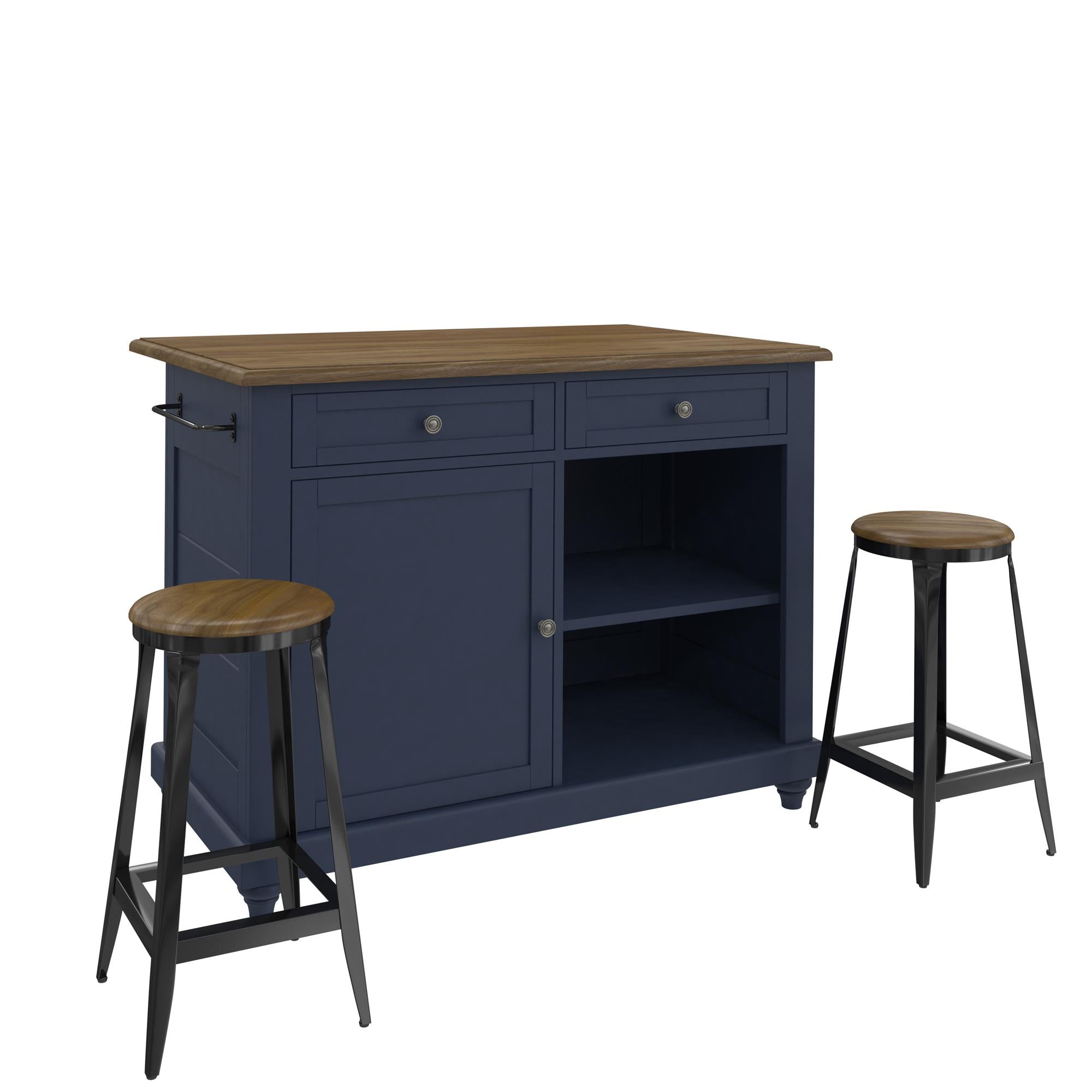 DHP Kelsey Kitchen Island with 2 Stools - Blue