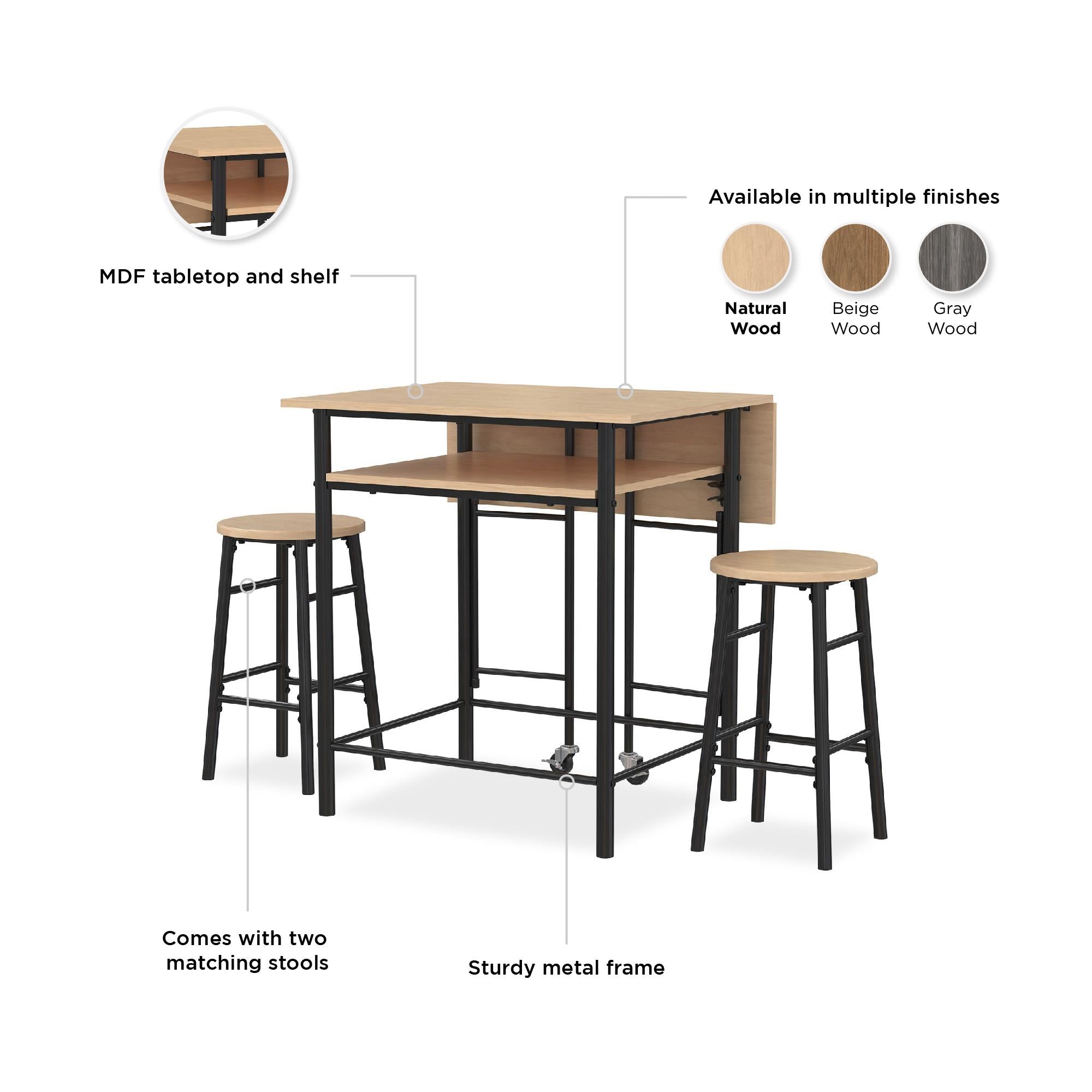 RealRooms Jace Kitchen Pub Set with Drop Leaf - Natural