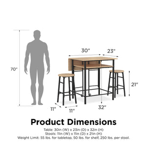 RealRooms Jace Kitchen Pub Set with Drop Leaf - Natural