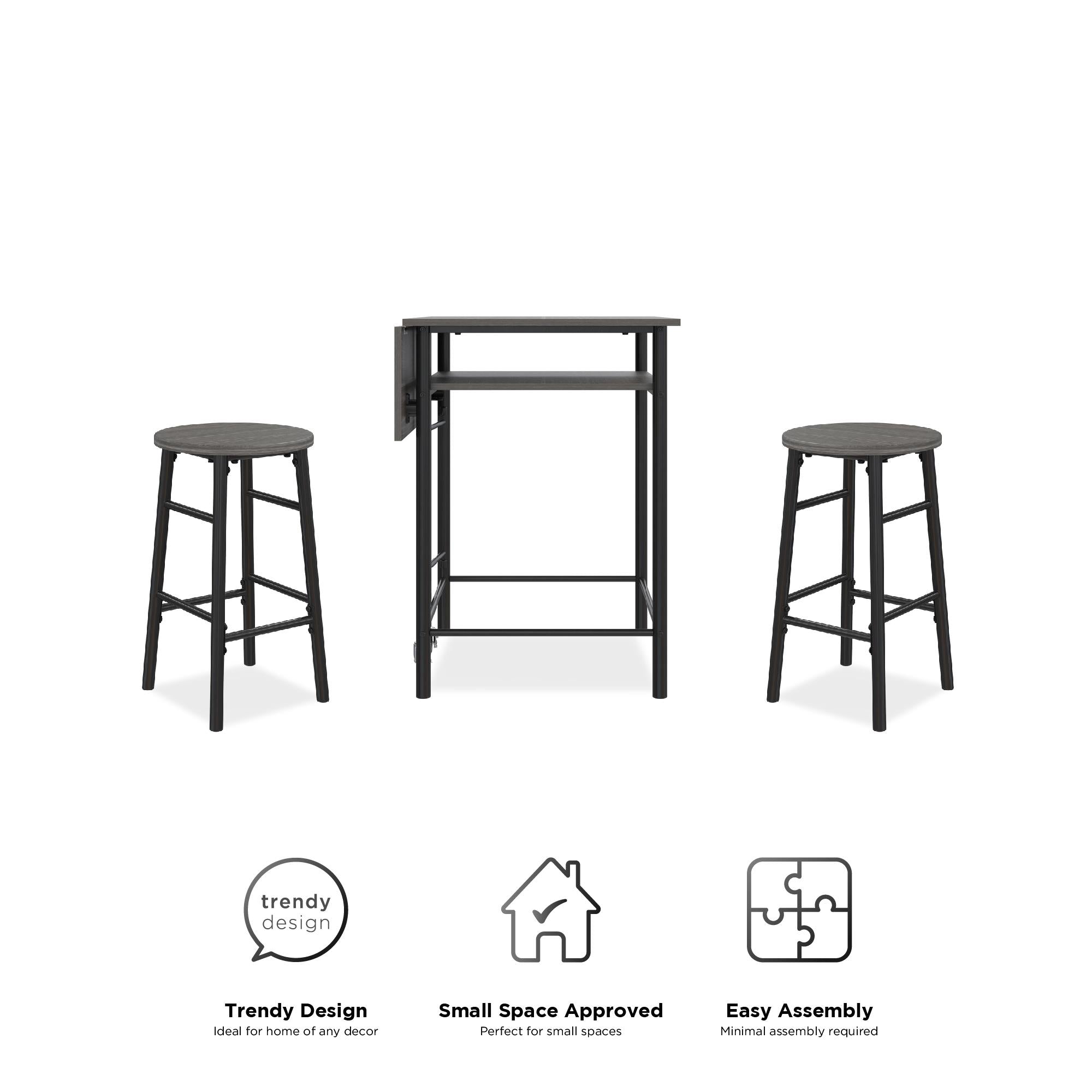 RealRooms Jace Kitchen Pub Set with Drop Leaf - Gray