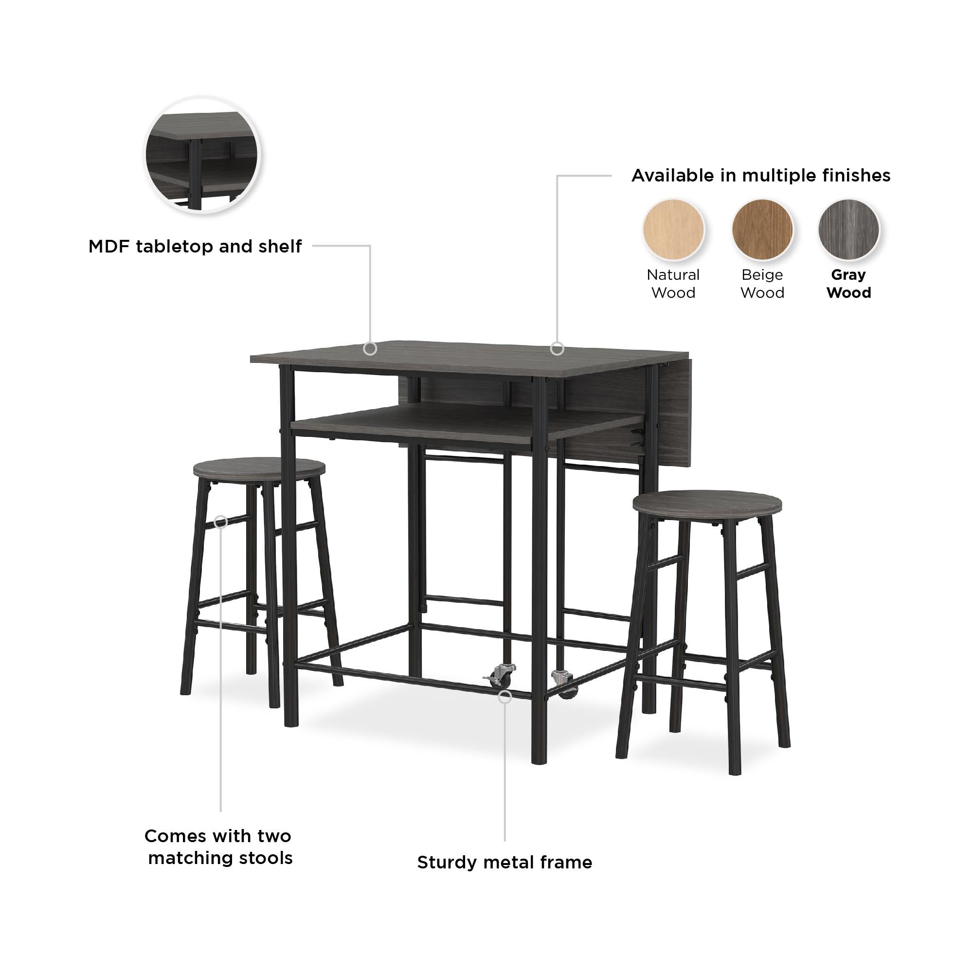 RealRooms Jace Kitchen Pub Set with Drop Leaf - Gray
