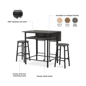 RealRooms Jace Kitchen Pub Set with Drop Leaf - Gray