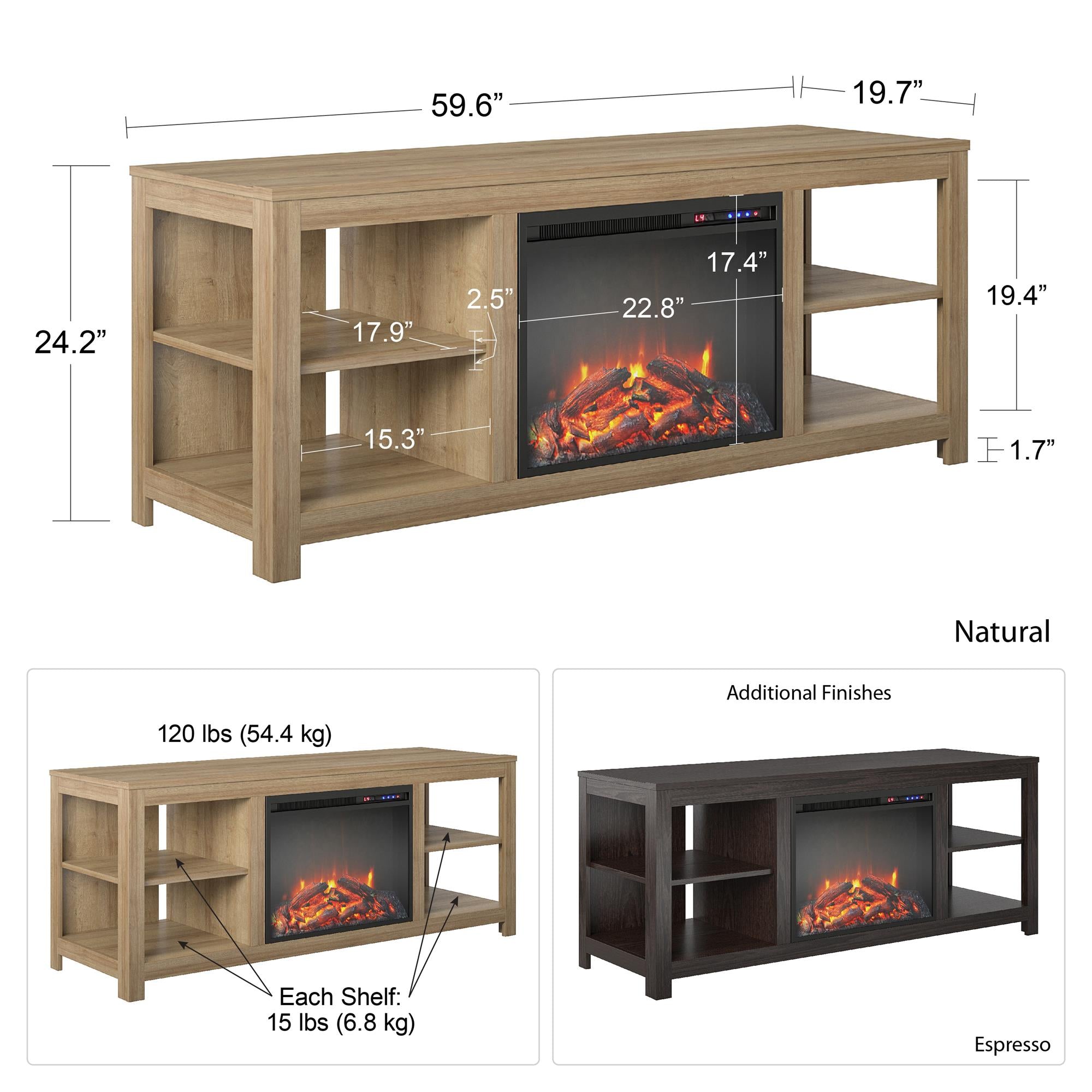 Ameriwood Home Melville Electric Fireplace Console TV Stand for TVs up to 65" - Natural