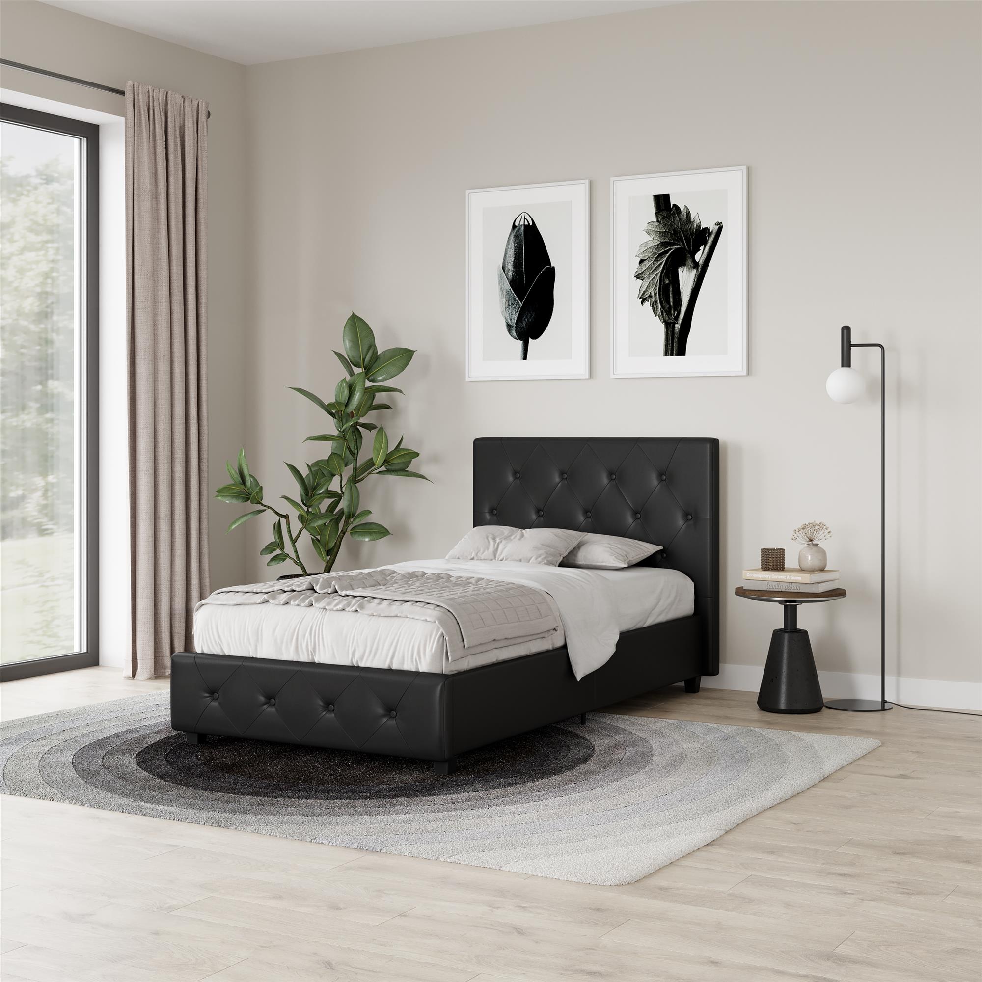 DHP Dakota Upholstered Bed Frame with Drawers - Black Faux Leather - Twin