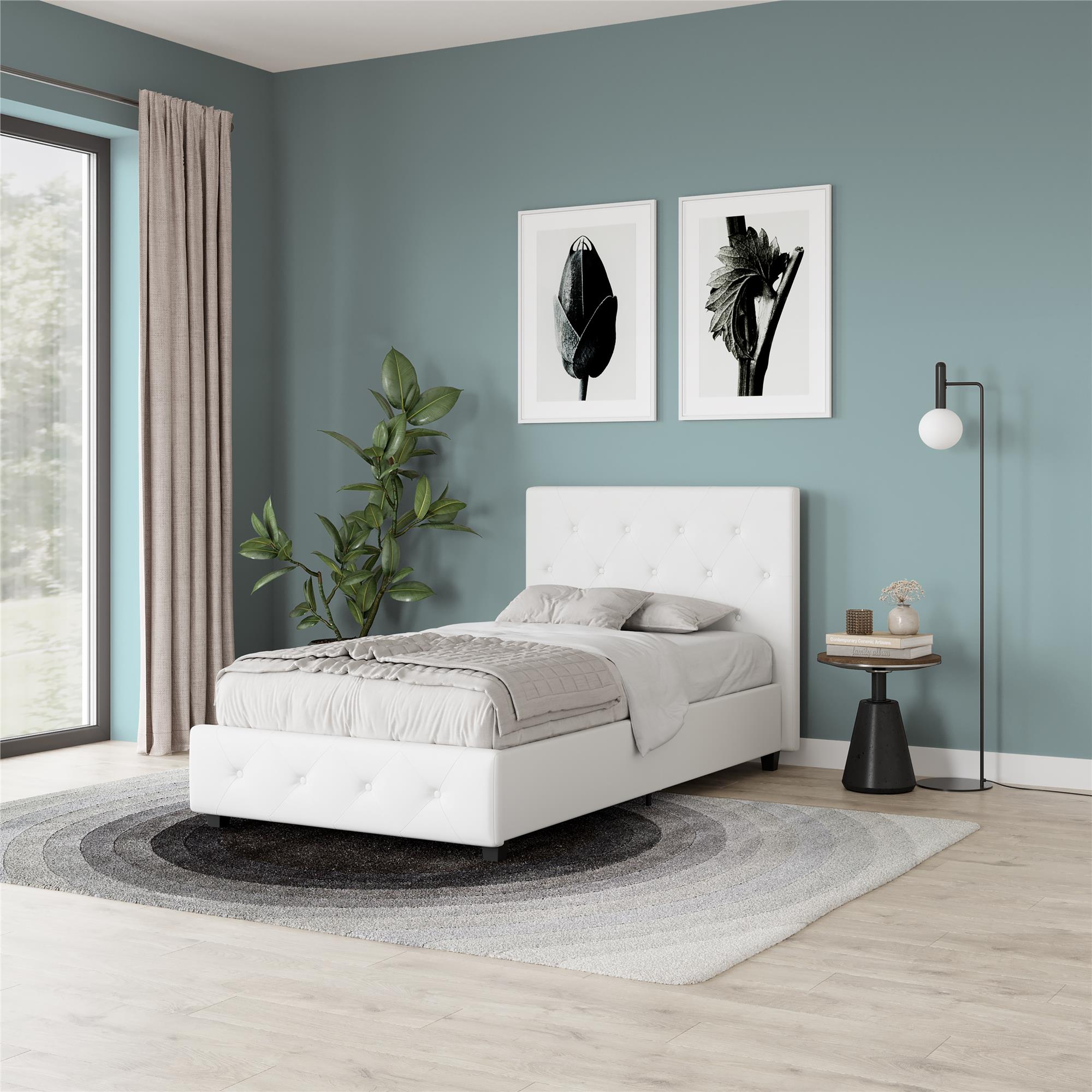 DHP Dakota Upholstered Bed Frame with Drawers - White Faux leather - Twin