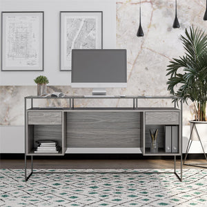 Ameriwood Home Camley Modern Desk with Fluted Glass Top, 2 Drawers and Storage - Gray Oak