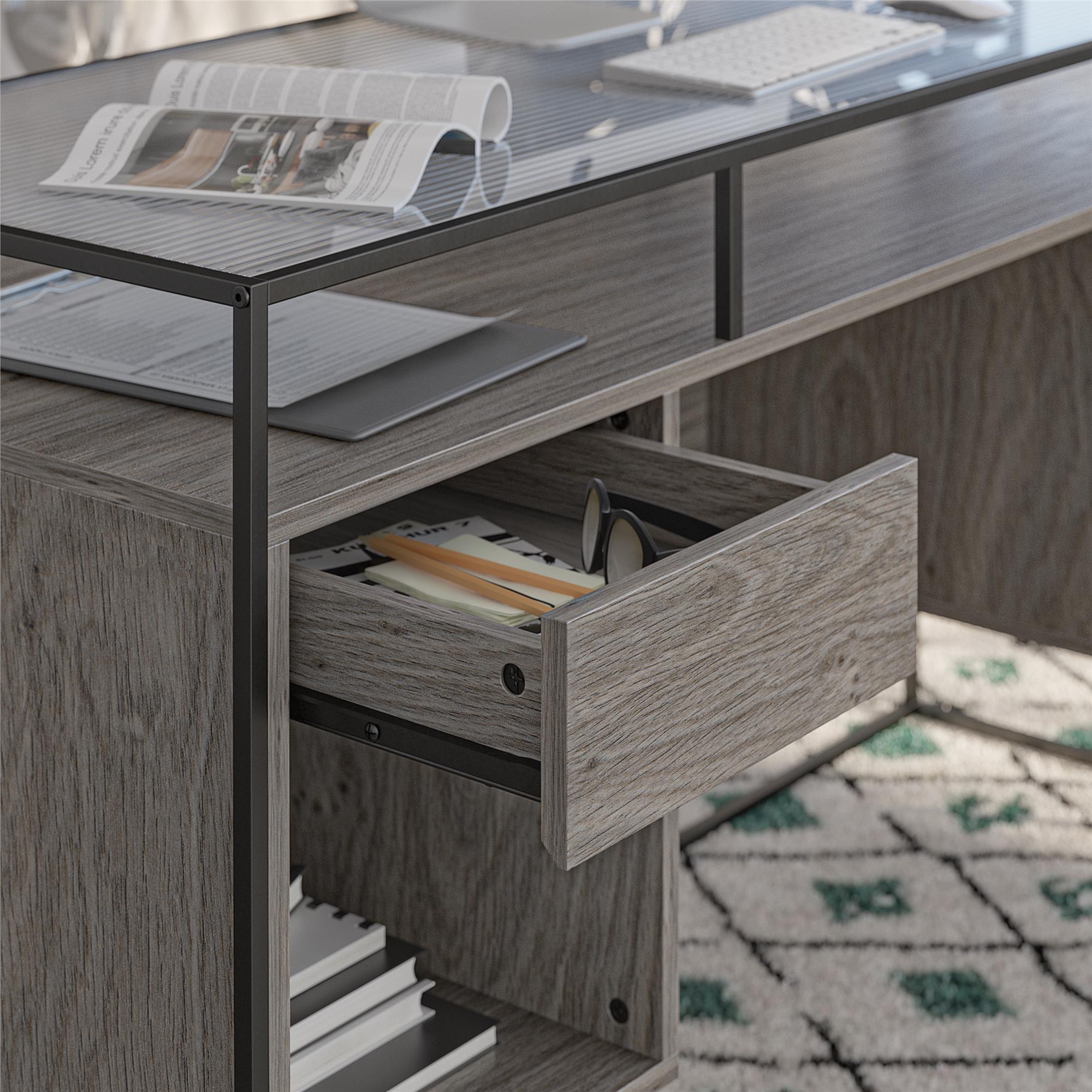 Ameriwood Home Camley Modern Desk with Fluted Glass Top, 2 Drawers and Storage - Gray Oak
