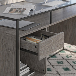 Ameriwood Home Camley Modern Desk with Fluted Glass Top, 2 Drawers and Storage - Gray Oak