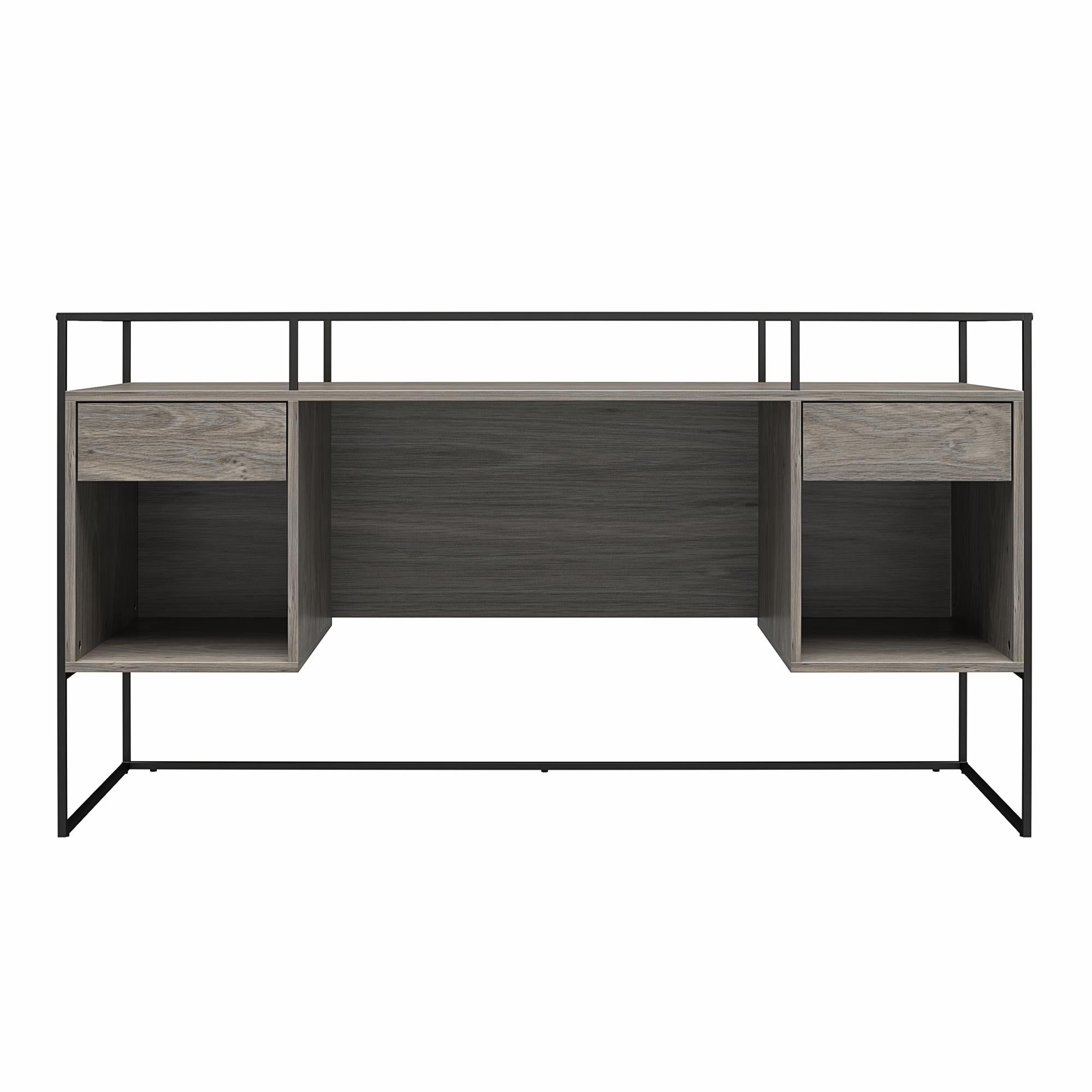 Ameriwood Home Camley Modern Desk with Fluted Glass Top, 2 Drawers and Storage - Gray Oak